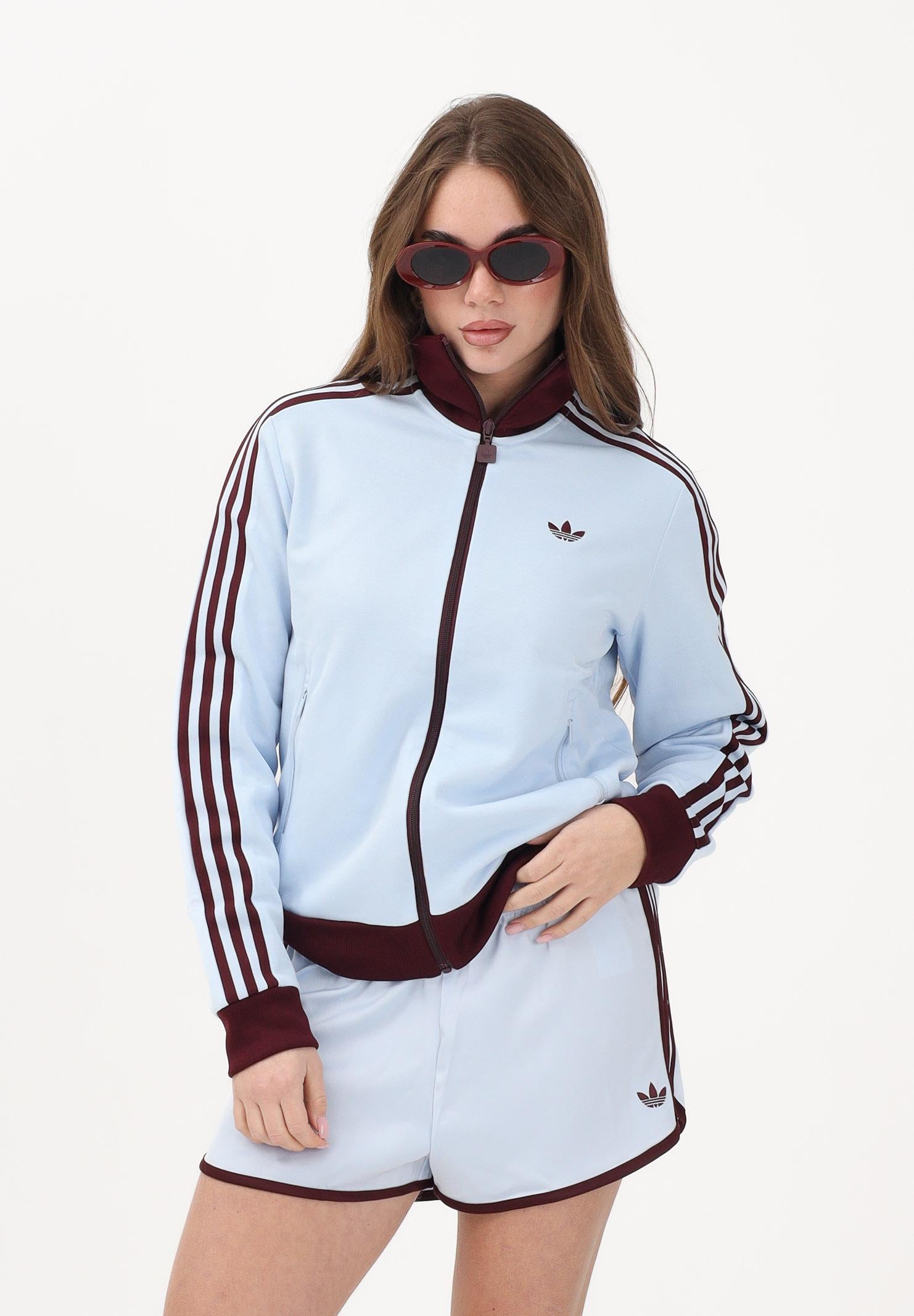 ADIDAS ORIGINALS Felpa con zip 3-Stripes celeste e bordeaux da donna KD3741 . ADIDAS ORIGINALS 