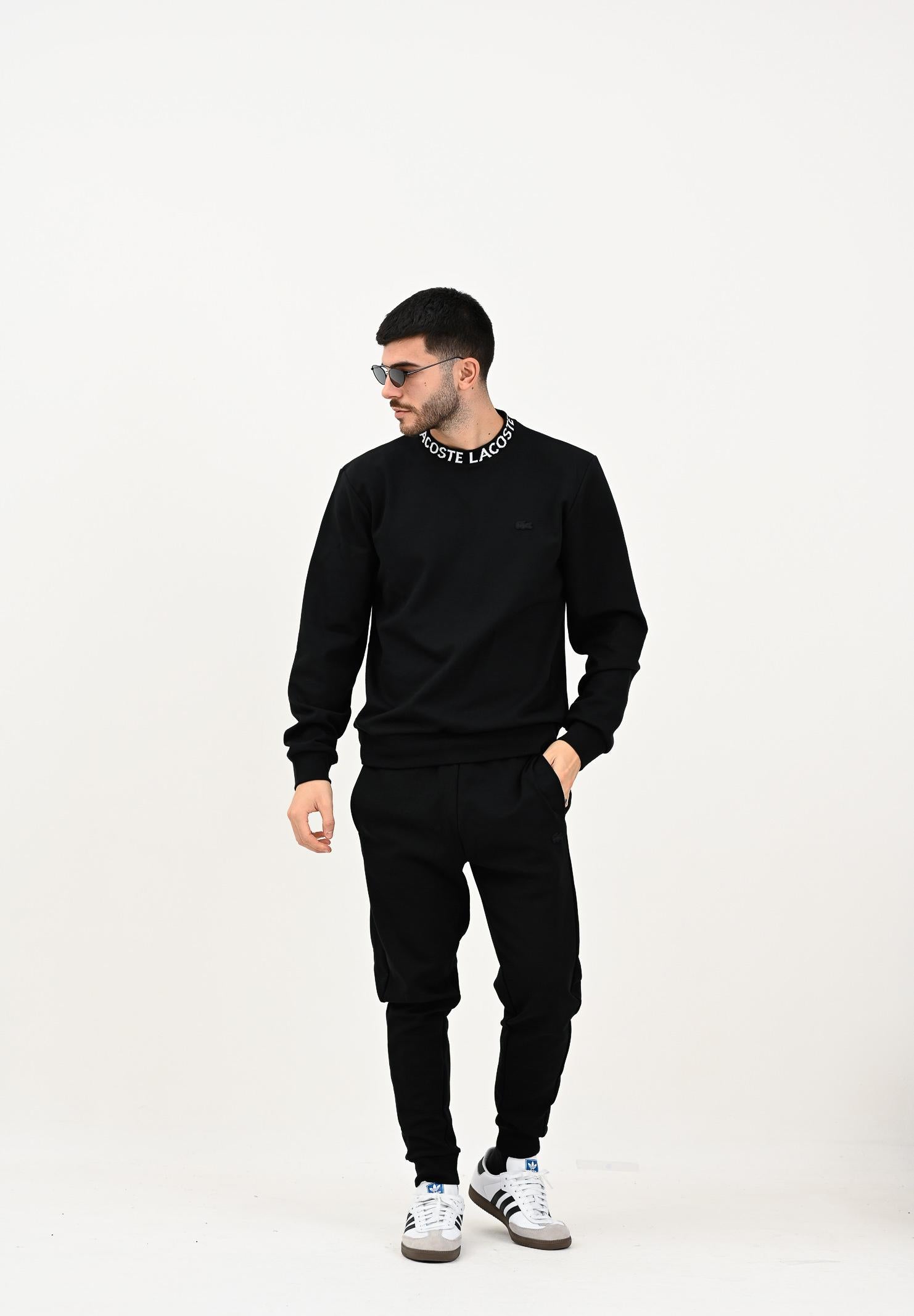 LACOSTE Felpa girocollo nera da uomo con marchio Jacquard SH9542 031 LACOSTE 