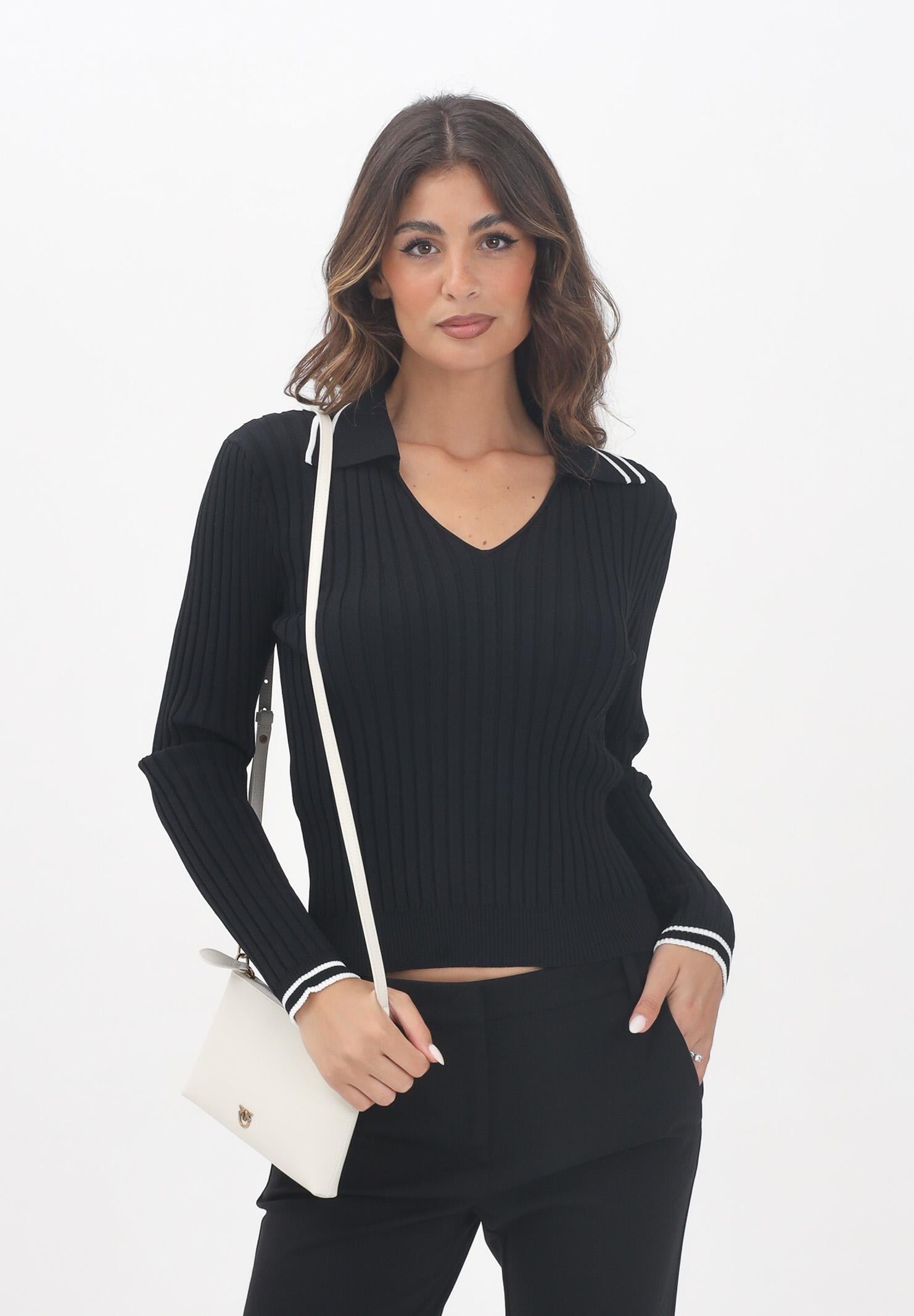 PINKO Maglioncino con scollo a V nero da donna con profili a righe nere 105418A2PS Z99 PINKO 