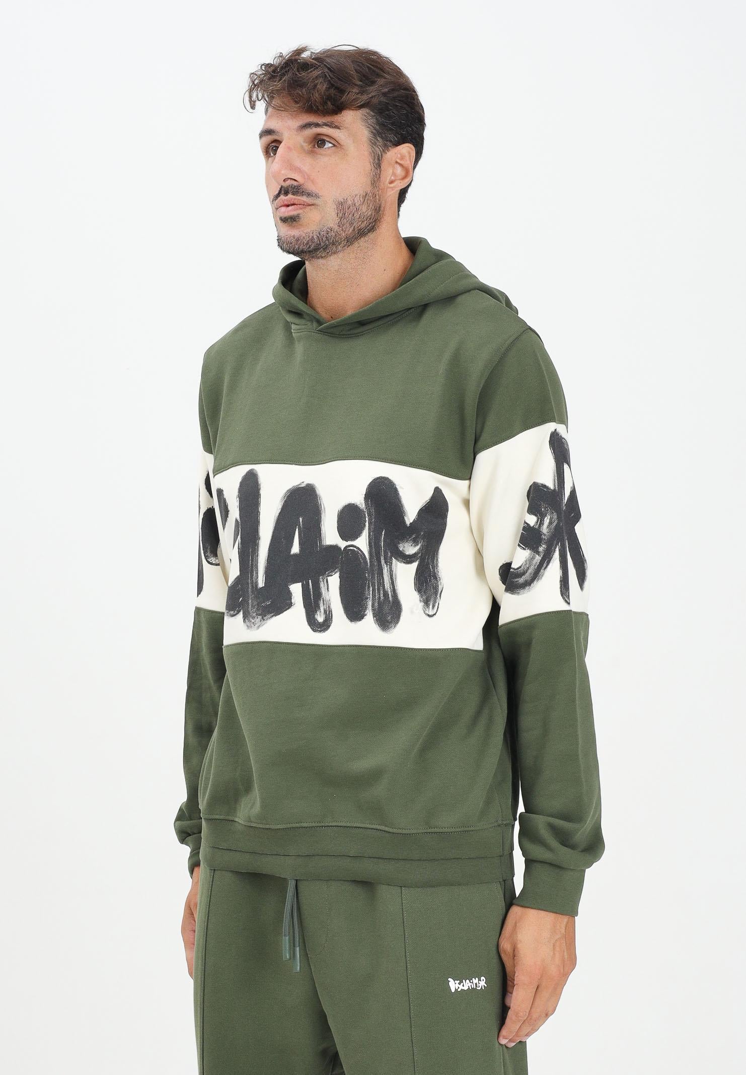 DISCLAIMER Felpa con cappuccio verde da uomo rifinita da inserto panna con logo 25IDS55362 VELA DISCLAIMER 