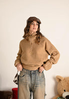 ADIDAS ORIGINALS Felpa mezza zip BORG FLEECE TEAMGEIST beige da donna KR5168 . ADIDAS ORIGINALS 