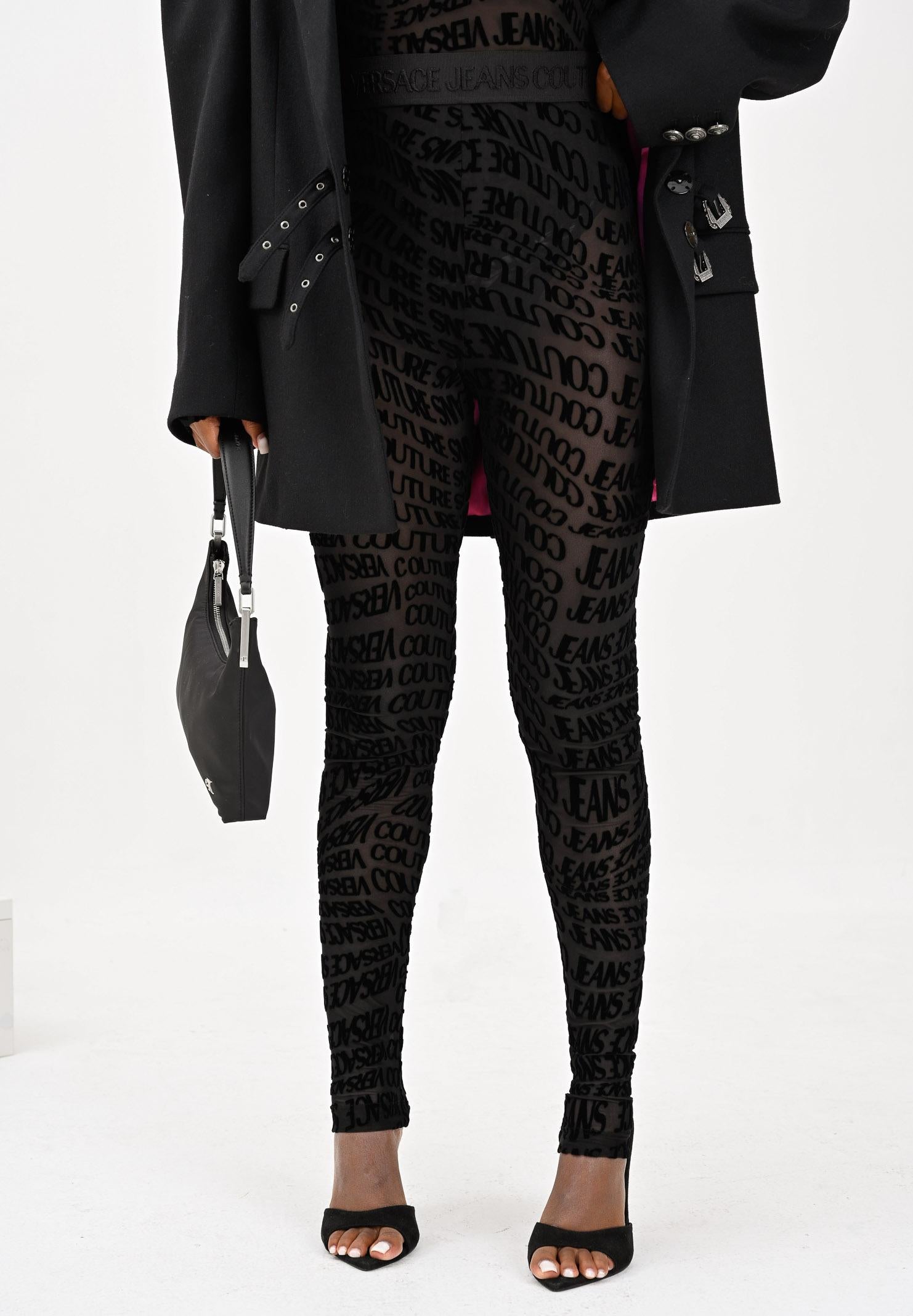 VERSACE JEANS COUTURE Leggings nero da donna con motivo Liquify Logomania vellutato 79HAC101JS490 899 VERSACE JEANS COUTURE 