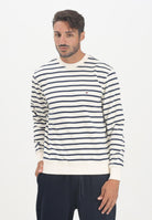 TOMMY HILFIGER Felpa girocollo da uomo a righe orizzontali blu navy su fondo panna MW0MW407000FA  TOMMY HILFIGER 