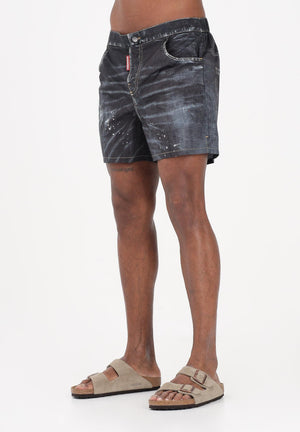 DSQUARED2 Shorts mare nero da uomo effetto denim con dettagli used D7B626690 001 DSQUARED2 
