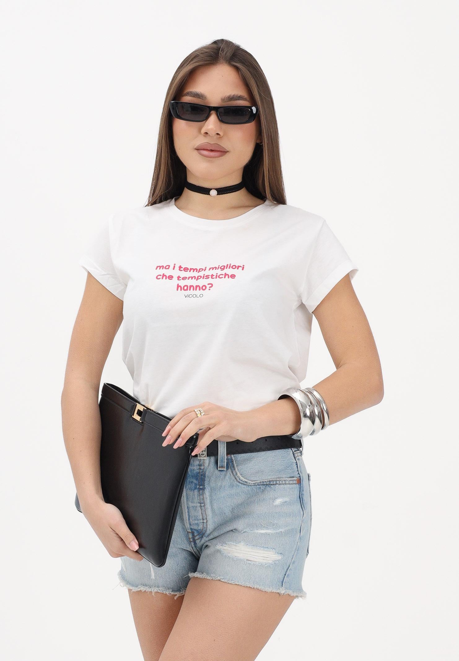 VICOLO T-shirt a manica corta bianca da donna con stampa "Ma i tempi migliori che tempistiche hanno?" RAB0699 02 VICOLO 