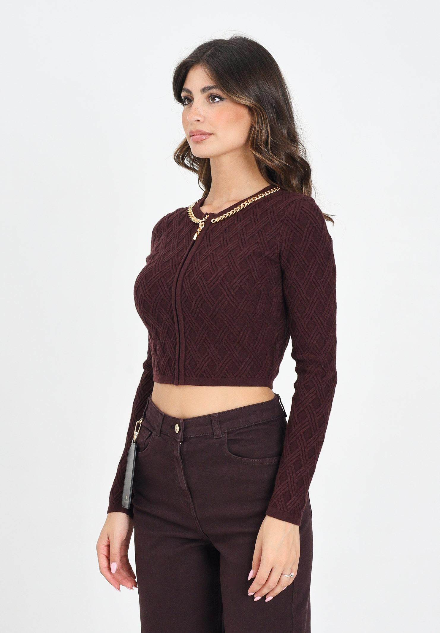 ELISABETTA FRANCHI Cardigan corto bordeaux da donna in maglia a rombi con dettaglio gioiello MK29B56E2 EA4 ELISABETTA FRANCHI 