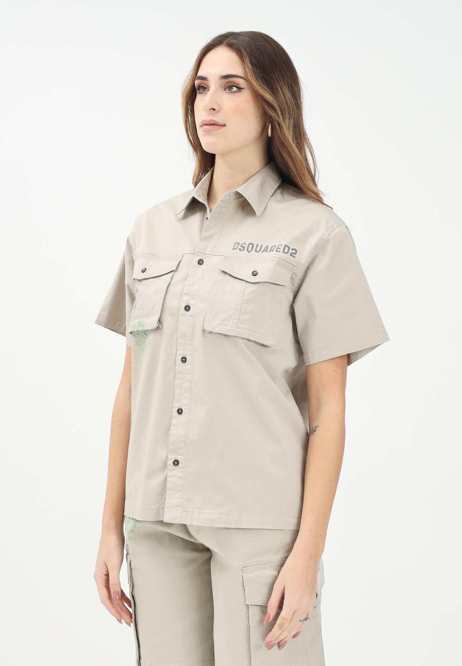 Camicia a manica corta beige DSQUARED2 con grafica Passport