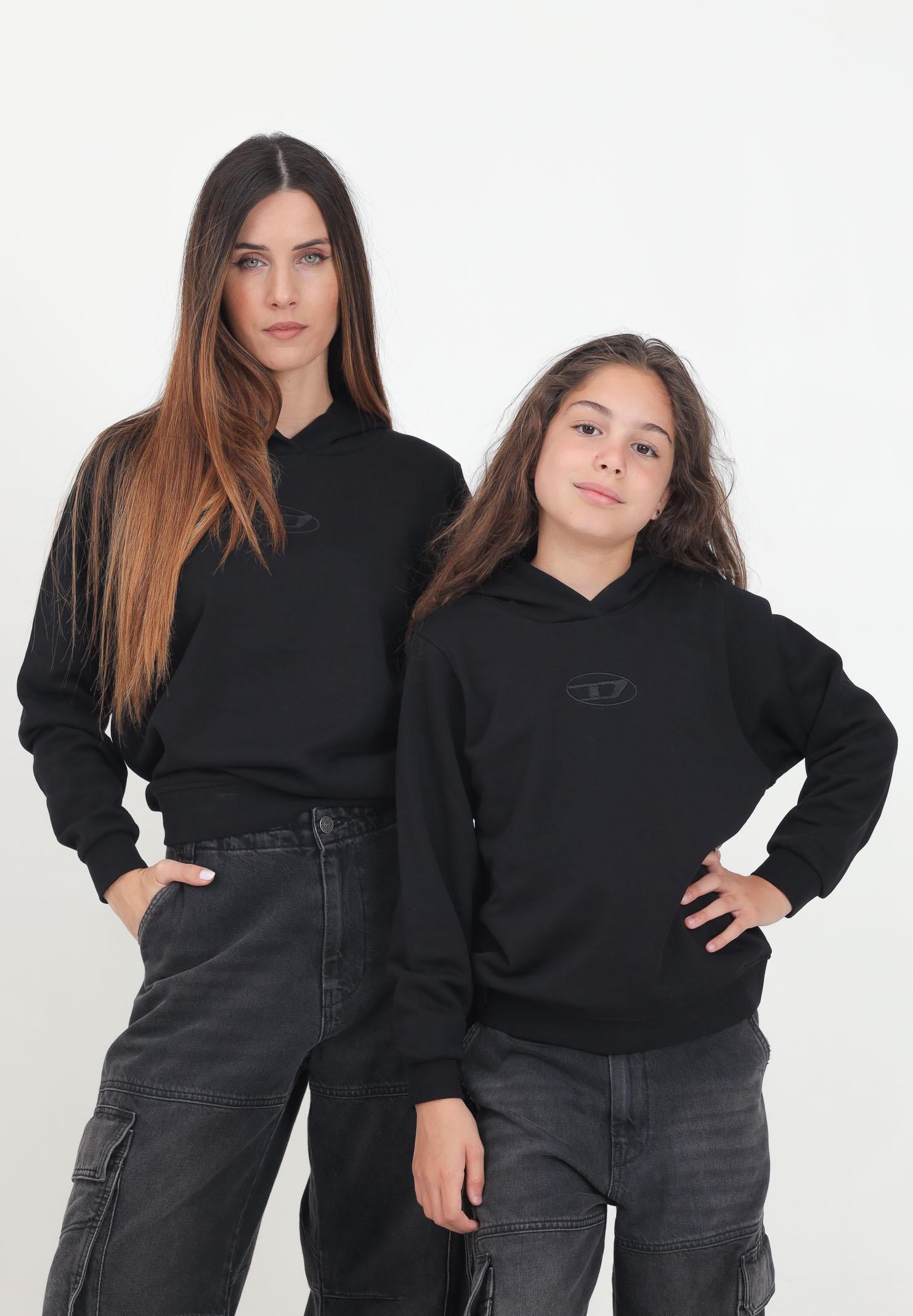 Felpa con cappuccio nera per donna e bambina con logo Oval D ricamato J02014KYAX3 K900 DIESEL 