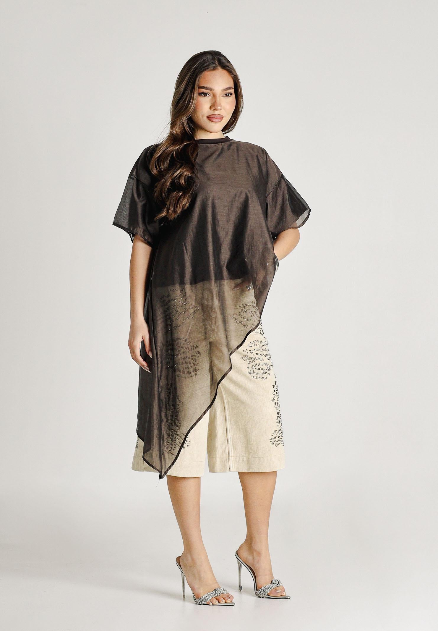 VICOLO T-shirt a manica corta marrone da donna in tessuto velato UAB018 MO VICOLO 