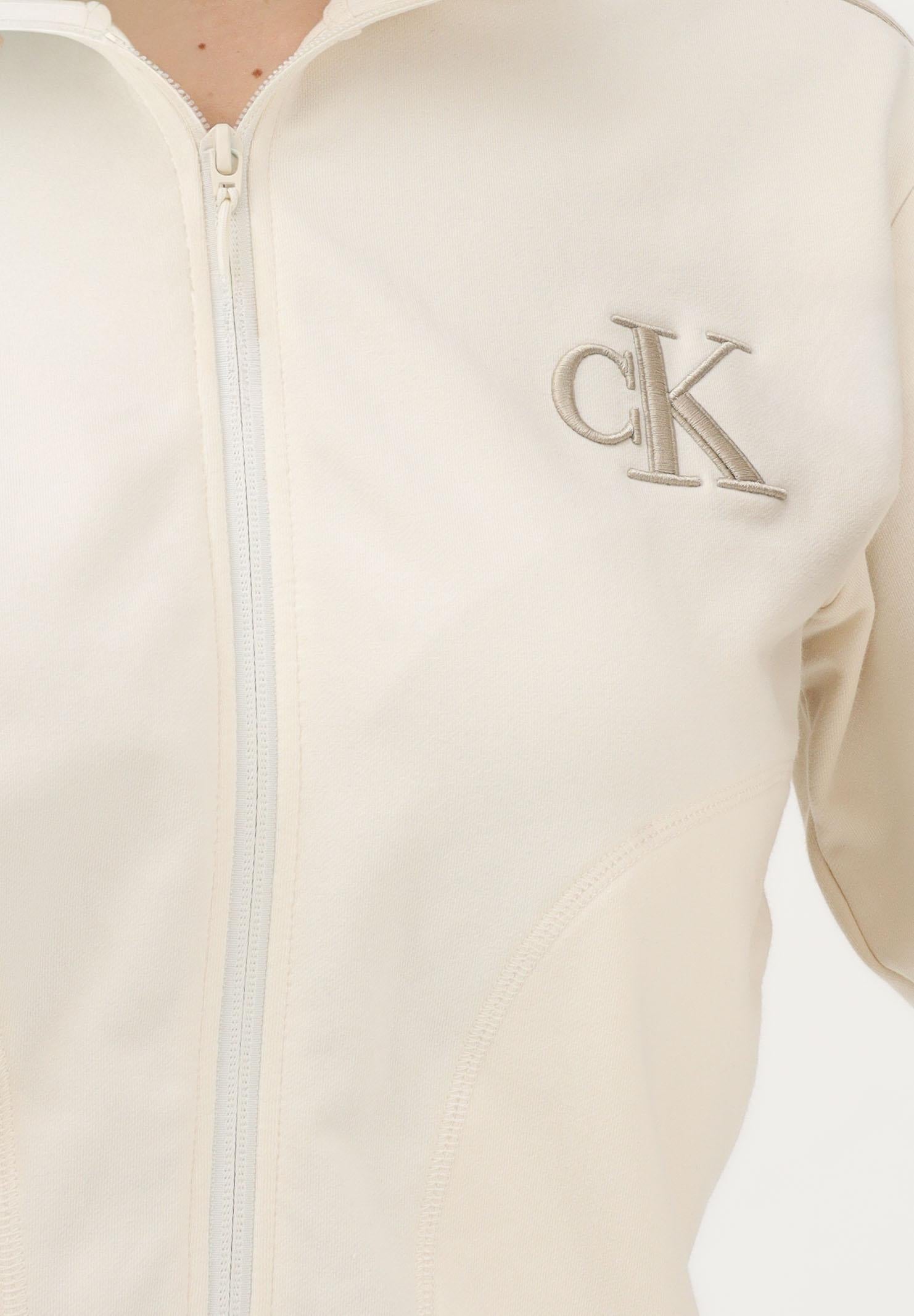 CALVIN KLEIN JEANS Felpa con zip beige da donna rifinita da logo e bande a contrasto LV047E226GYAC . CALVIN KLEIN JEANS 