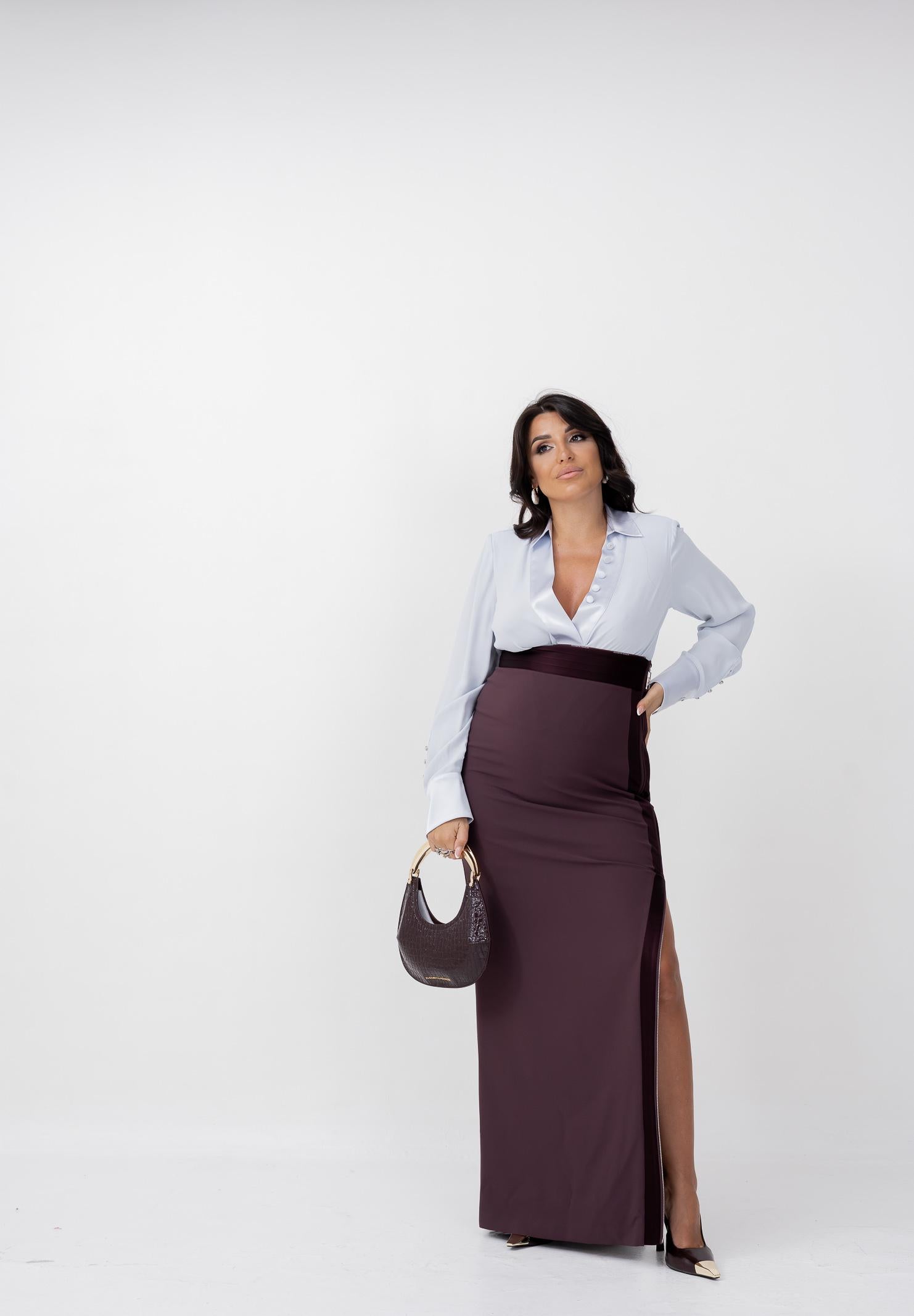 ELISABETTA FRANCHI Body a manica lunga celeste da donna in georgette di viscosa e  raso CB00356E2 EA7 ELISABETTA FRANCHI 