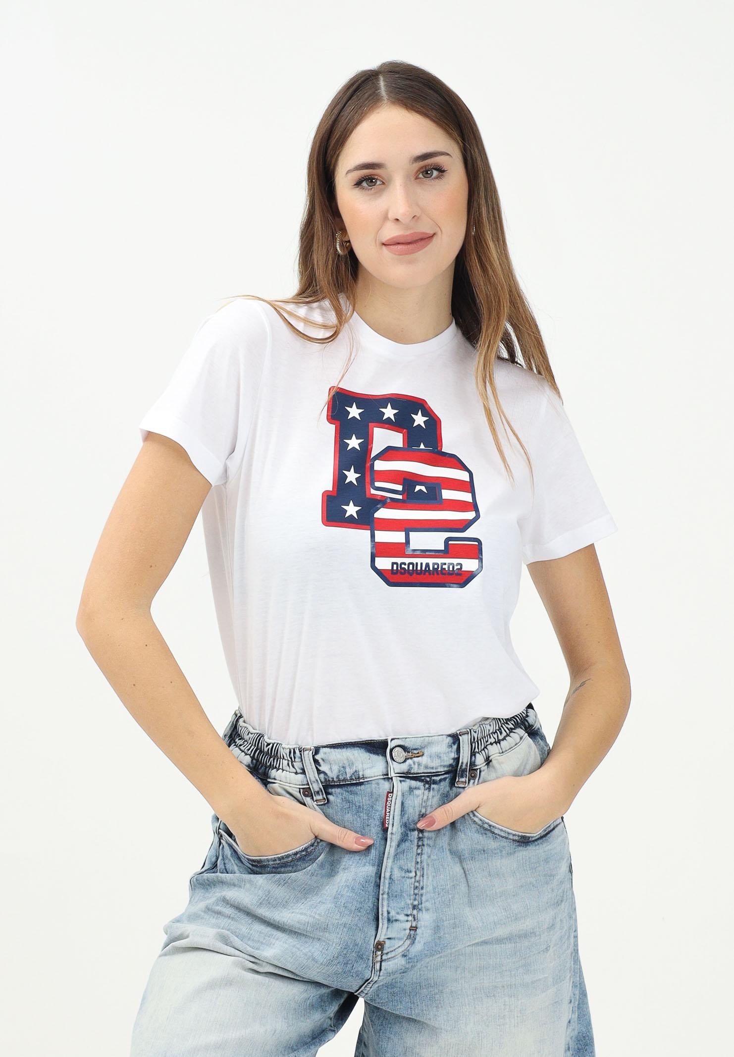 DSQUARED2 T-shirt a manica corta bianca per donna, ragazzi e bambini con stampa in stile college D2 USA DQ2737D004G DQ100 DSQUARED2 