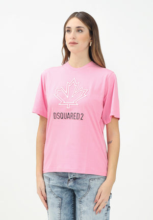 DSQUARED2 T-shirt a manica corta rosa per donna e bambina con logo Maple Leaf DQ2770D0015 DQ321 DSQUARED2 