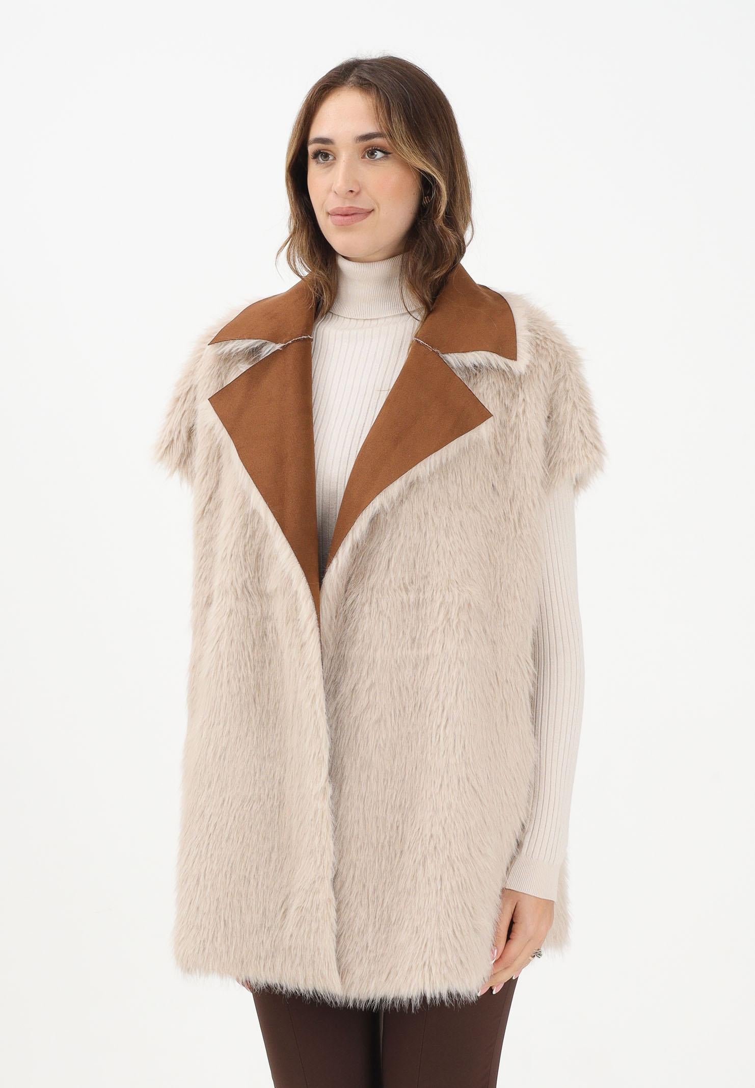 MEHRAN Pelliccia smanicata reversibile beige da donna 25235BRWBIS BRWBIS MEHRAN 
