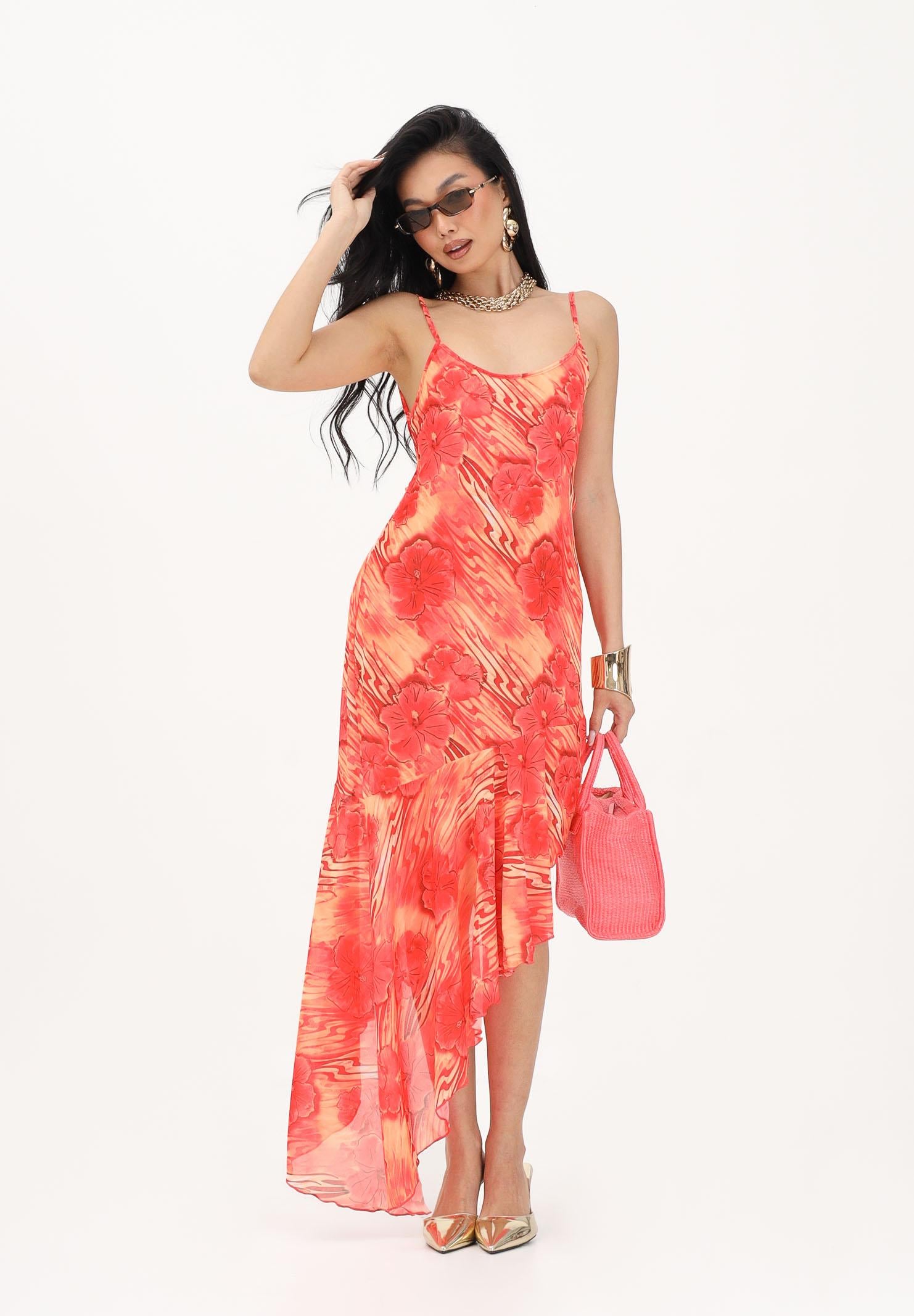 ME FUI Abito asimmetrico da donna caratterizzato da stampa floreale nei toni del rosso e arancio MF26-SW0306X11 . ME FUI 