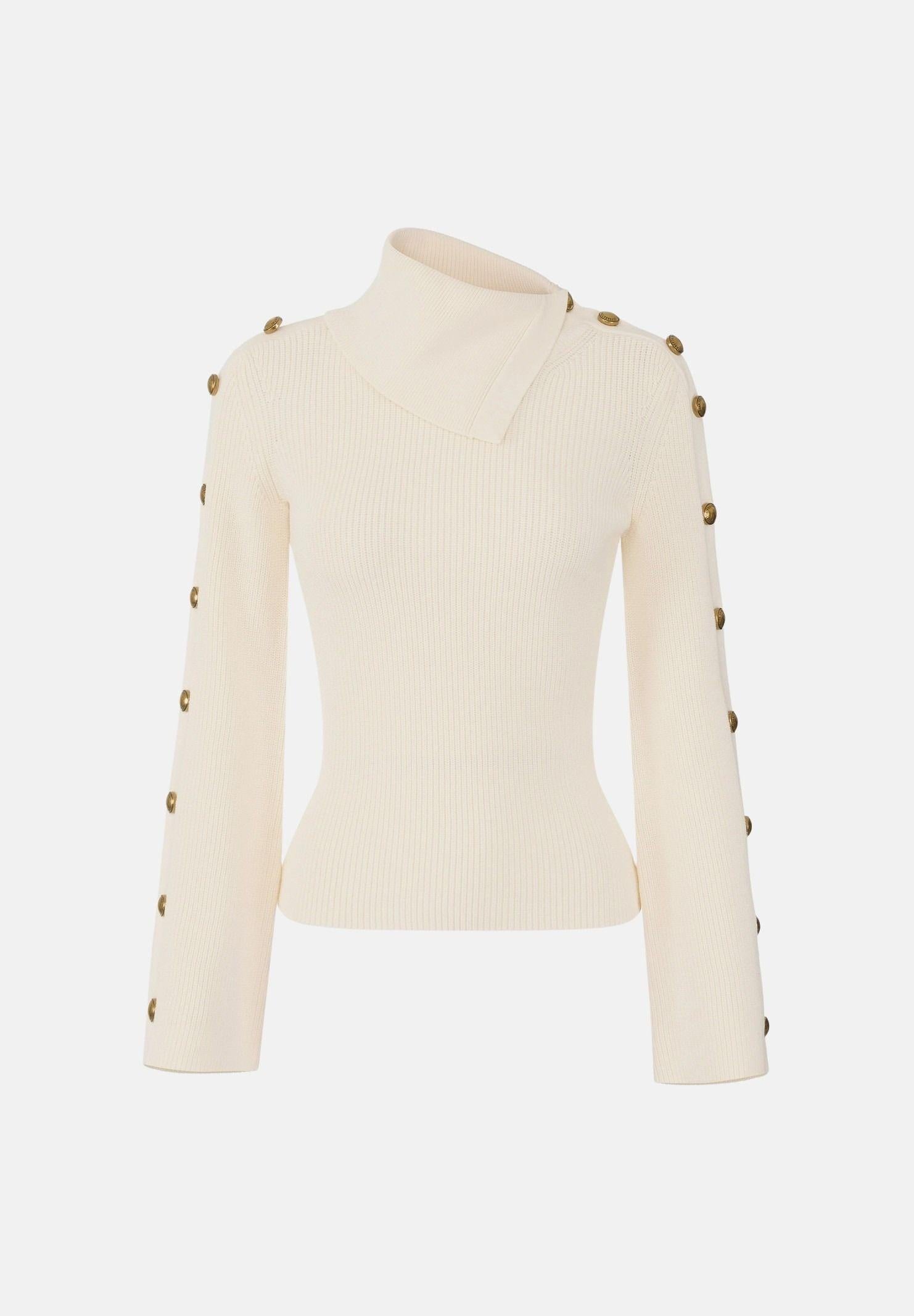 ELISABETTA FRANCHI Maglia con collo asimmetrico e bottoni gioiello, colore burro crema, da donna. MK03S66E2 193 ELISABETTA FRANCHI 