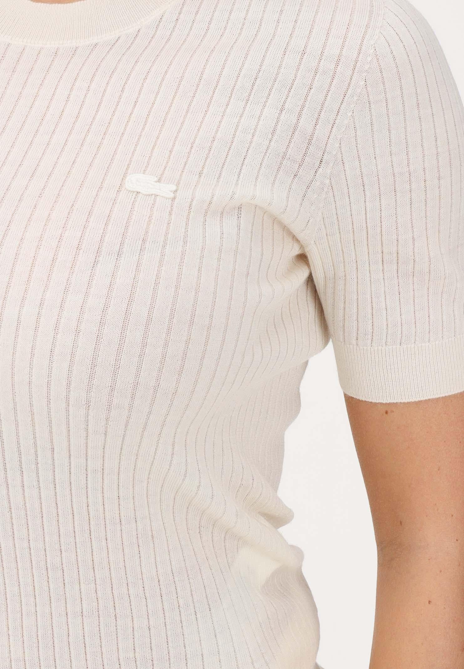 LACOSTE Maglia a manica corta panna da donna in lana merinos a coste AF4146 70V LACOSTE 