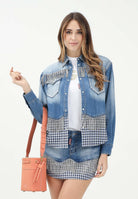 DSQUARED2 Camicia a manica lunga in denim blu per donna e bambina con inserti in tessuto e strass DQ2835D0ACG DQ01 DSQUARED2 