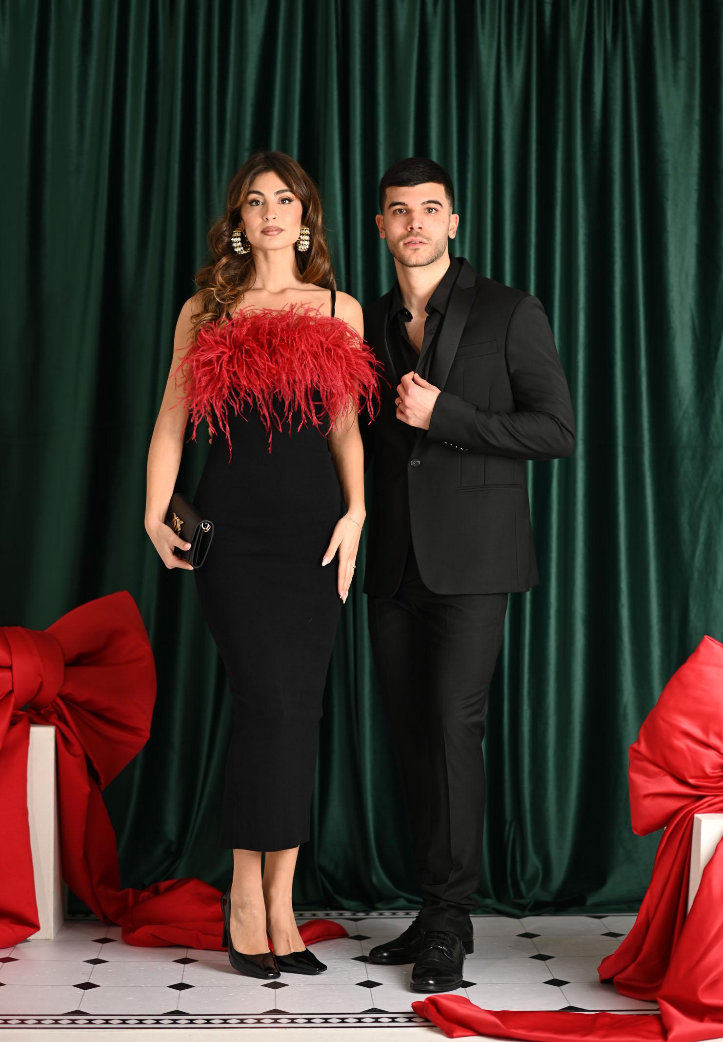 NOELL MAGGINI Abito midi nero da donna con piume bordeaux 00126083 NEBO NOELL MAGGINI 