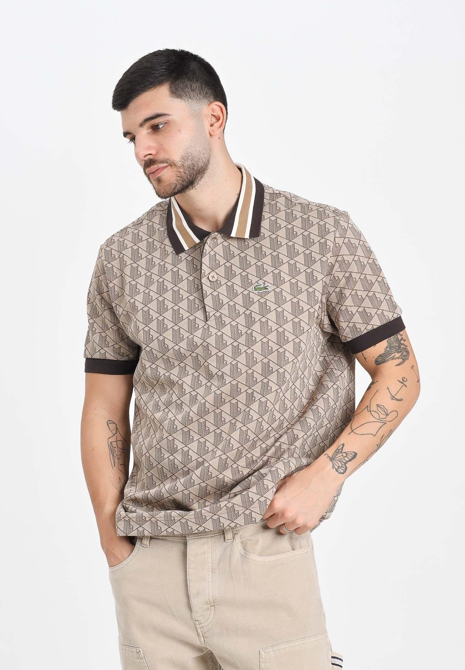 LACOSTE Polo a manica corta beige da uomo in jacquard con monogramma DH1417 6IR LACOSTE 