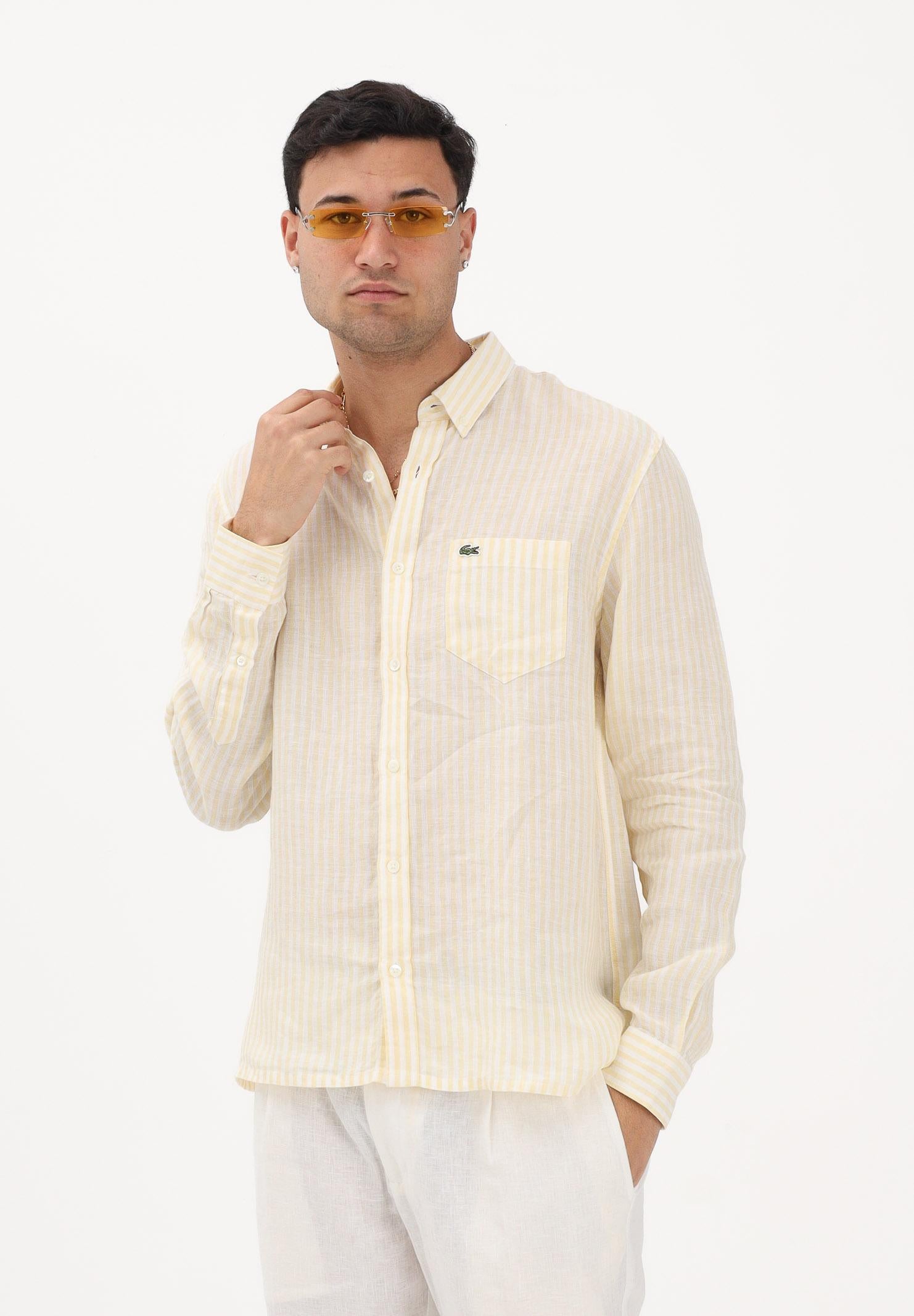 LACOSTE Camicia a manica lunga gialla e bianca da uomo con motivo a righe CH6985 2AI LACOSTE 