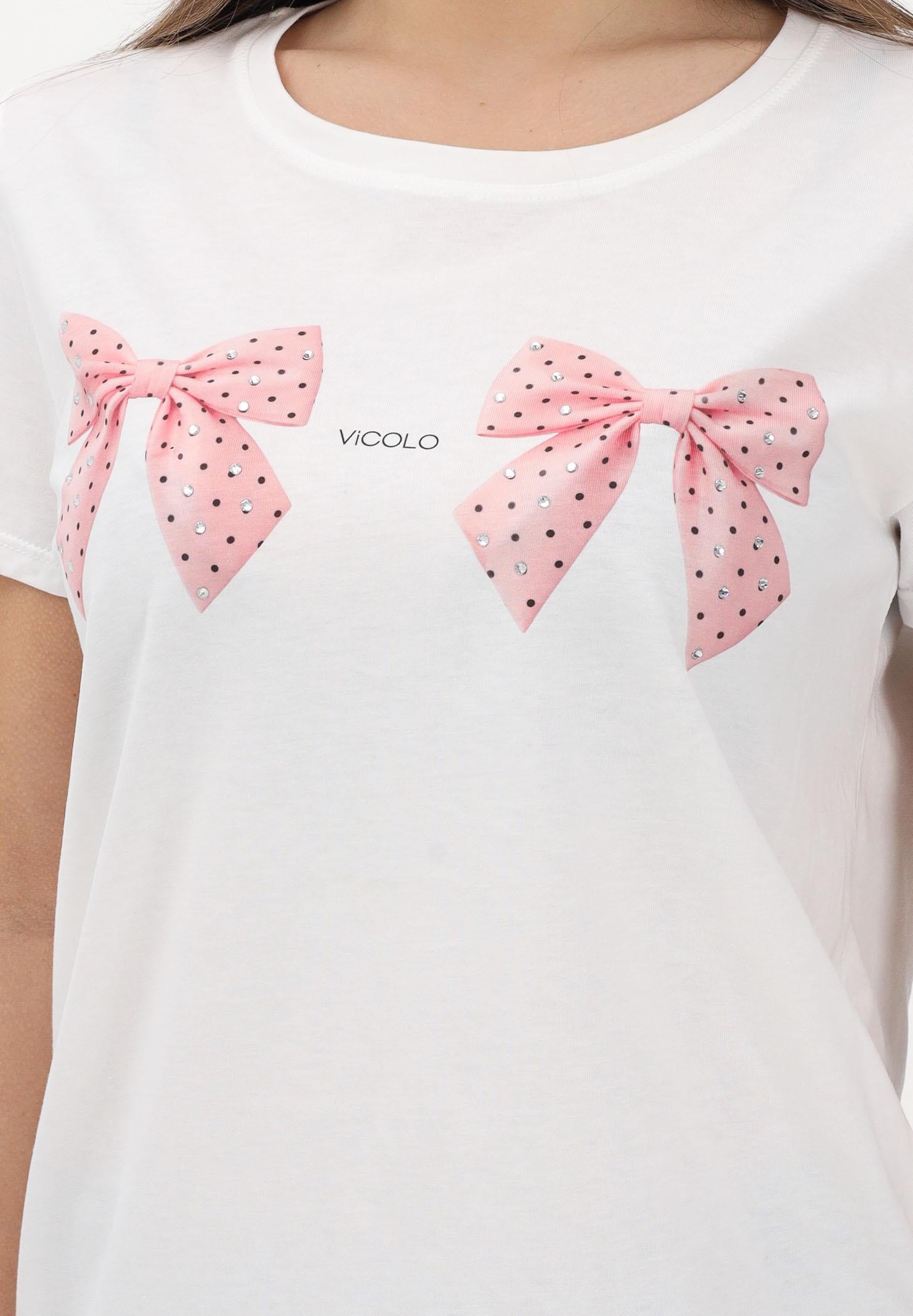 VICOLO T-shirt a manica corta bianca da donna con stampa fiocchi RAB0522 02 VICOLO 