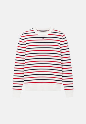TOMMY JEANS maglia girocollo Essential Crew Sweater Amaryllis Red Stripe bianco con righe rosse e blu donna. DW0DW20159 0EX TOMMY JEANS 