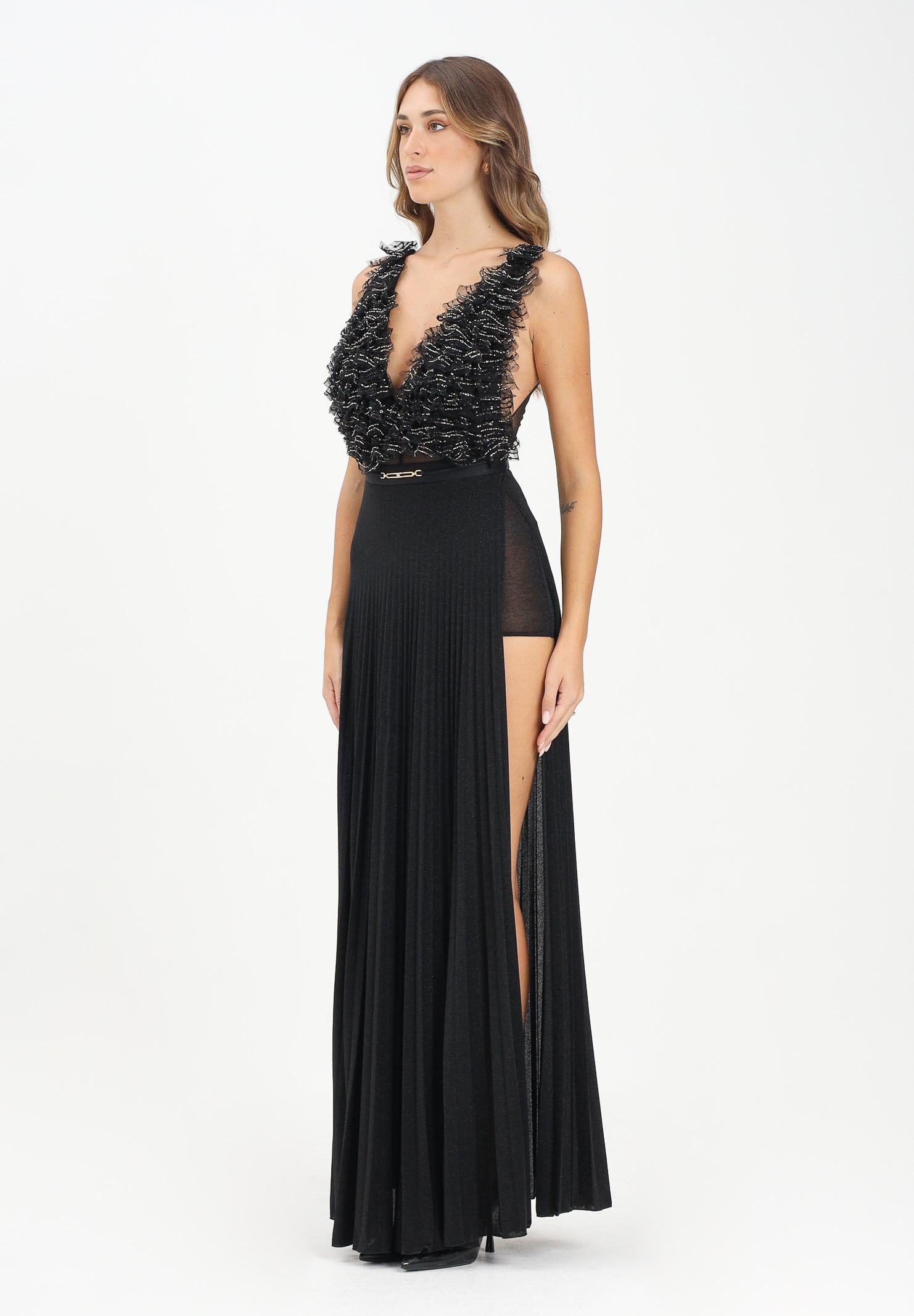 ELISABETTA FRANCHI Abito lungo nero da donna in tulle e jersey con cristalli<BR/> ABR1957E2 110 ELISABETTA FRANCHI 