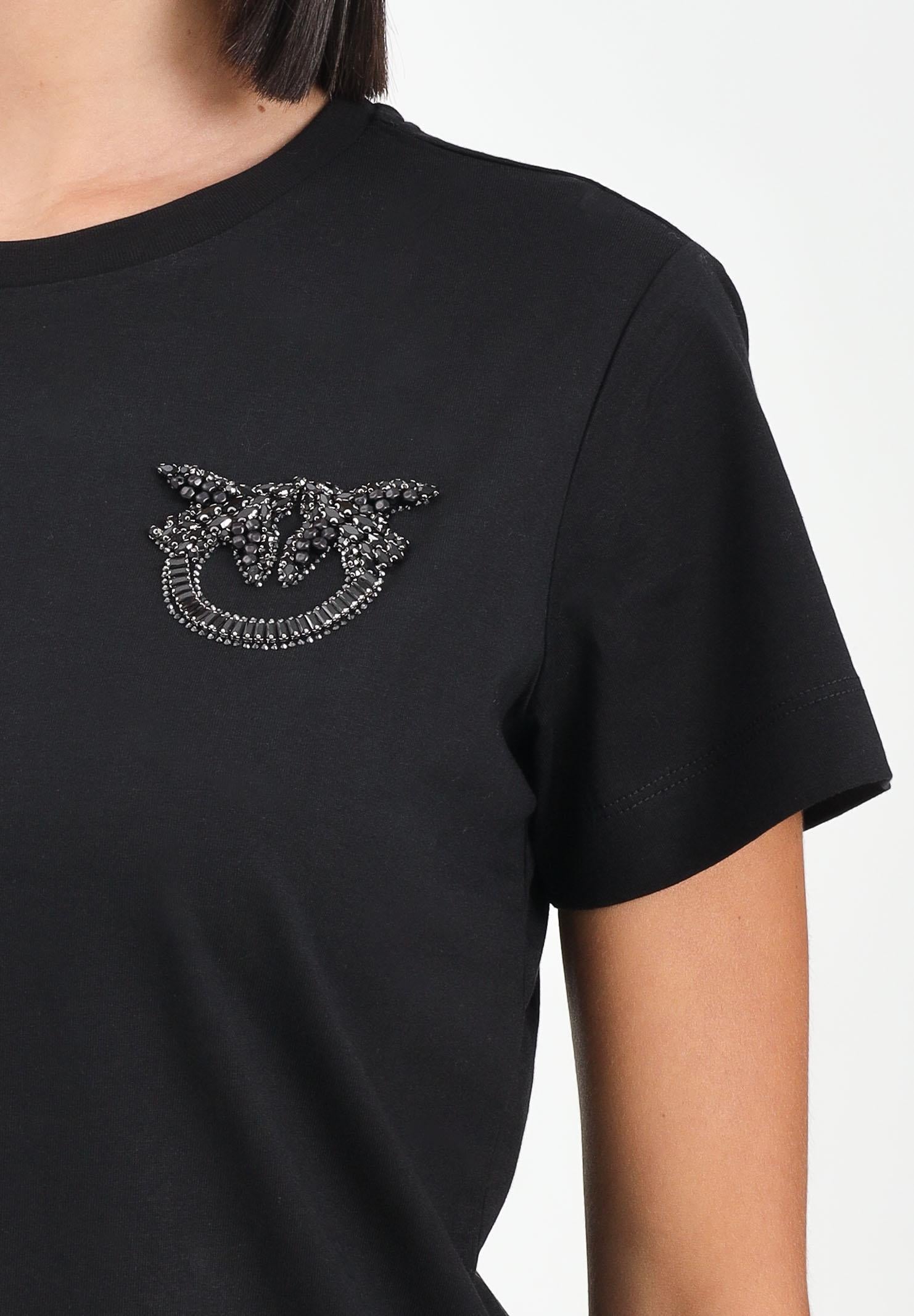 PINKO T-shirt a manica corta nera da donna con ricamo logo Love Birds in cristalli 103320A2RN Z99 PINKO 