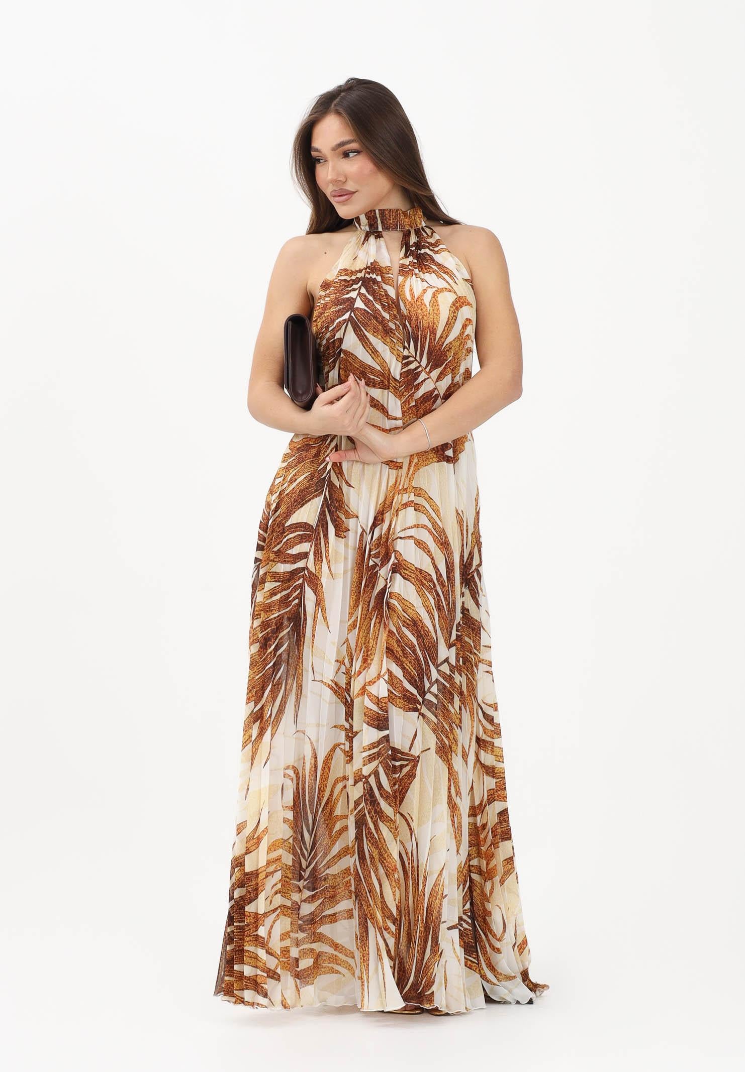 JUST CAVALLI Abito lungo beige da donna con stampa di foglie stilizzate 80PAO955NS775 638 JUST CAVALLI 