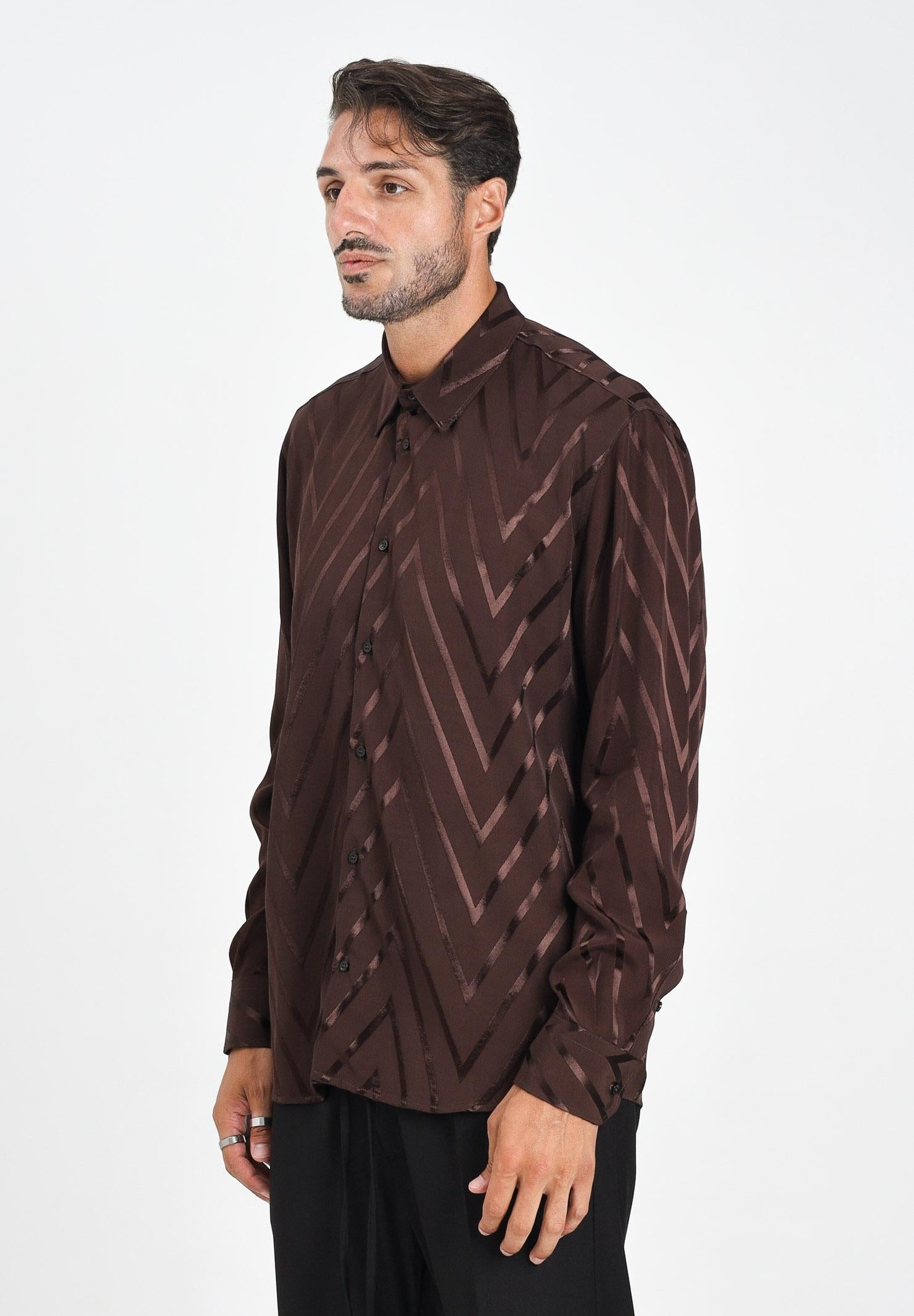 I'M BRIAN Camicia a manica lunga marrone da uomo con fantasia zig-zag CA3426 020 I'M BRIAN 