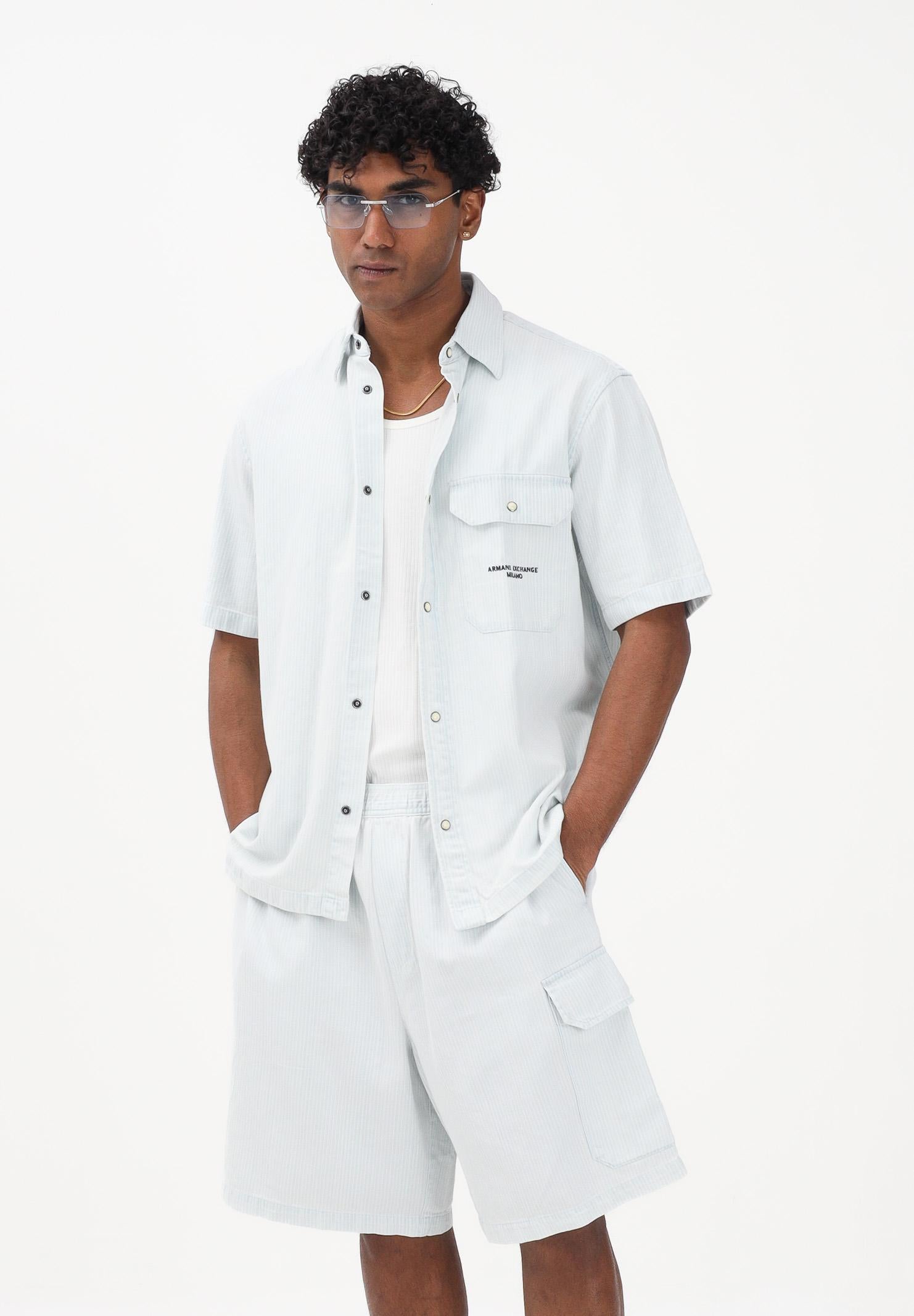 ARMANI EXCHANGE Camicia a manica corta celeste e bianca da uomo con motivo a righe XM002266AF22638 FB380 ARMANI EXCHANGE 