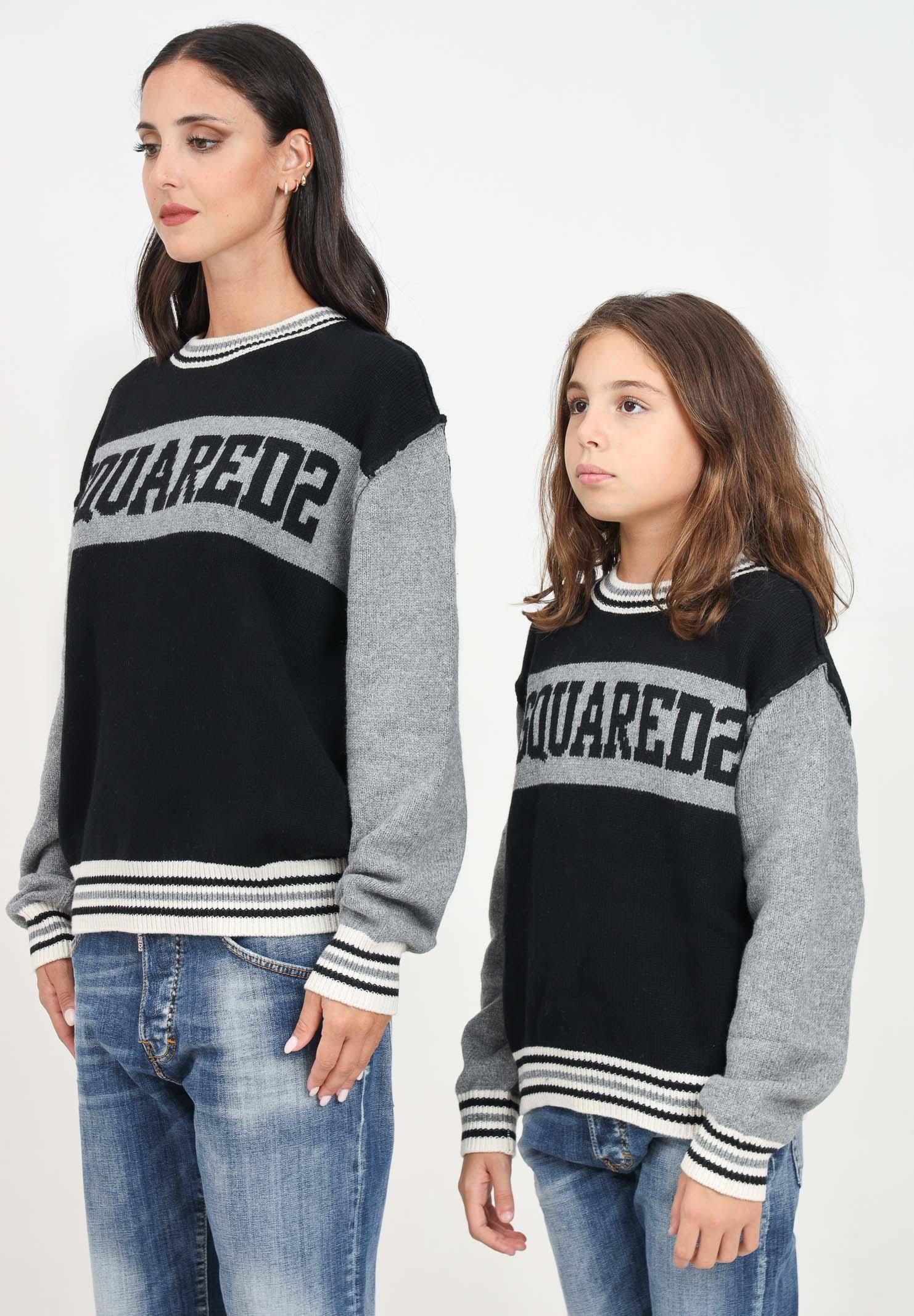 Maglioncino girocollo grigio e nero per donna e bambina con ricamo logo DQ2452D0A9R DQ900 DSQUARED2 