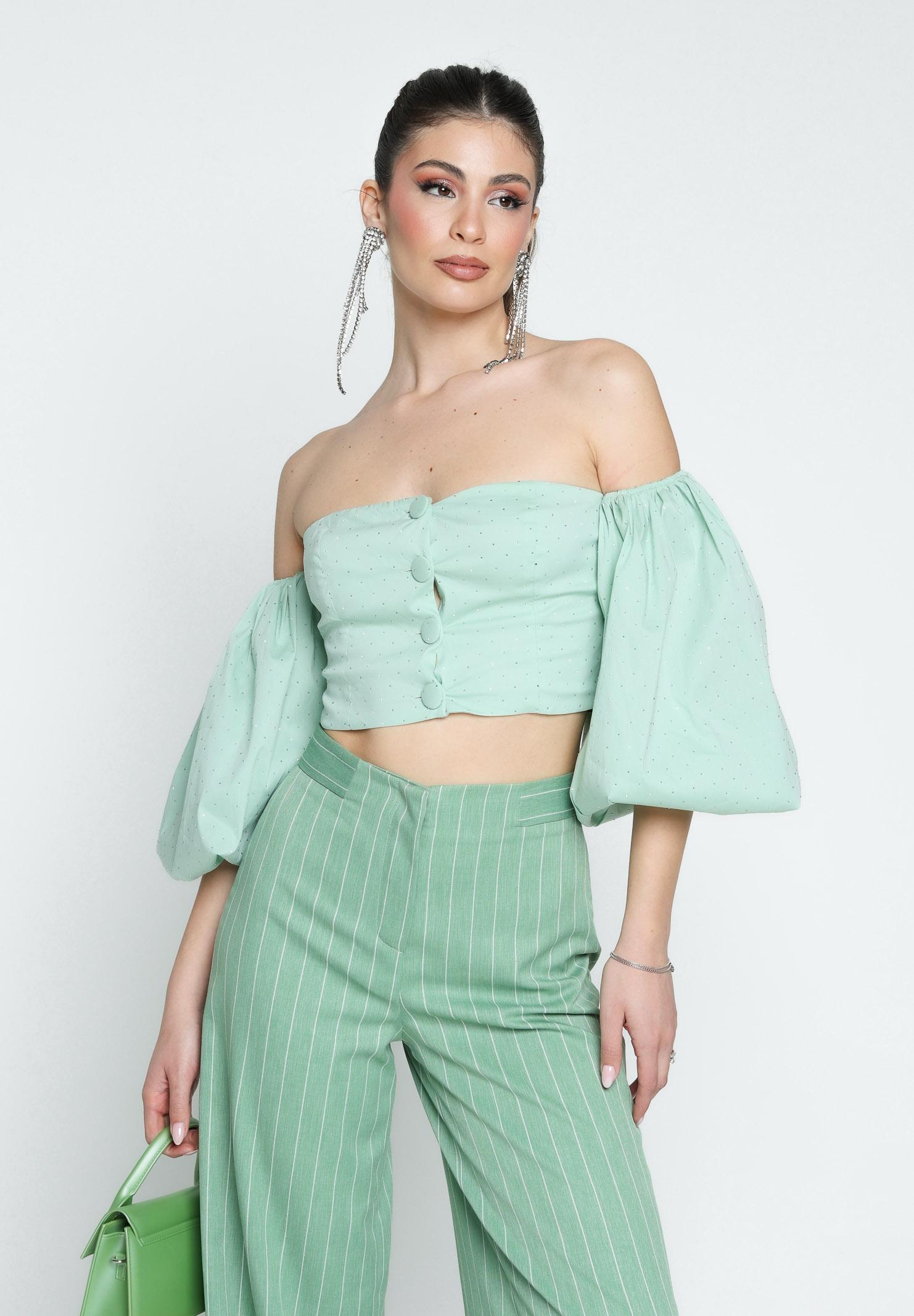 SANTAS Top SWEET CLOUD verde menta da donna interamente ricoperto di strass PV2501 VERDE SANTAS 