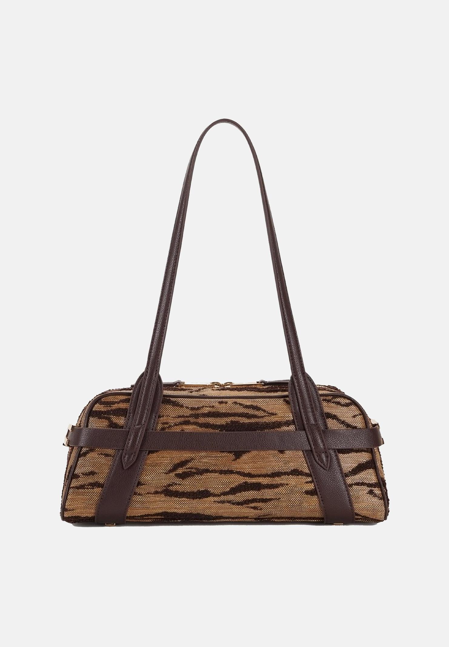 ELISABETTA FRANCHI Borsa a spalla cammello e marrone da donna con stampa tigre<BR/> BS11A62E2 470 ELISABETTA FRANCHI 