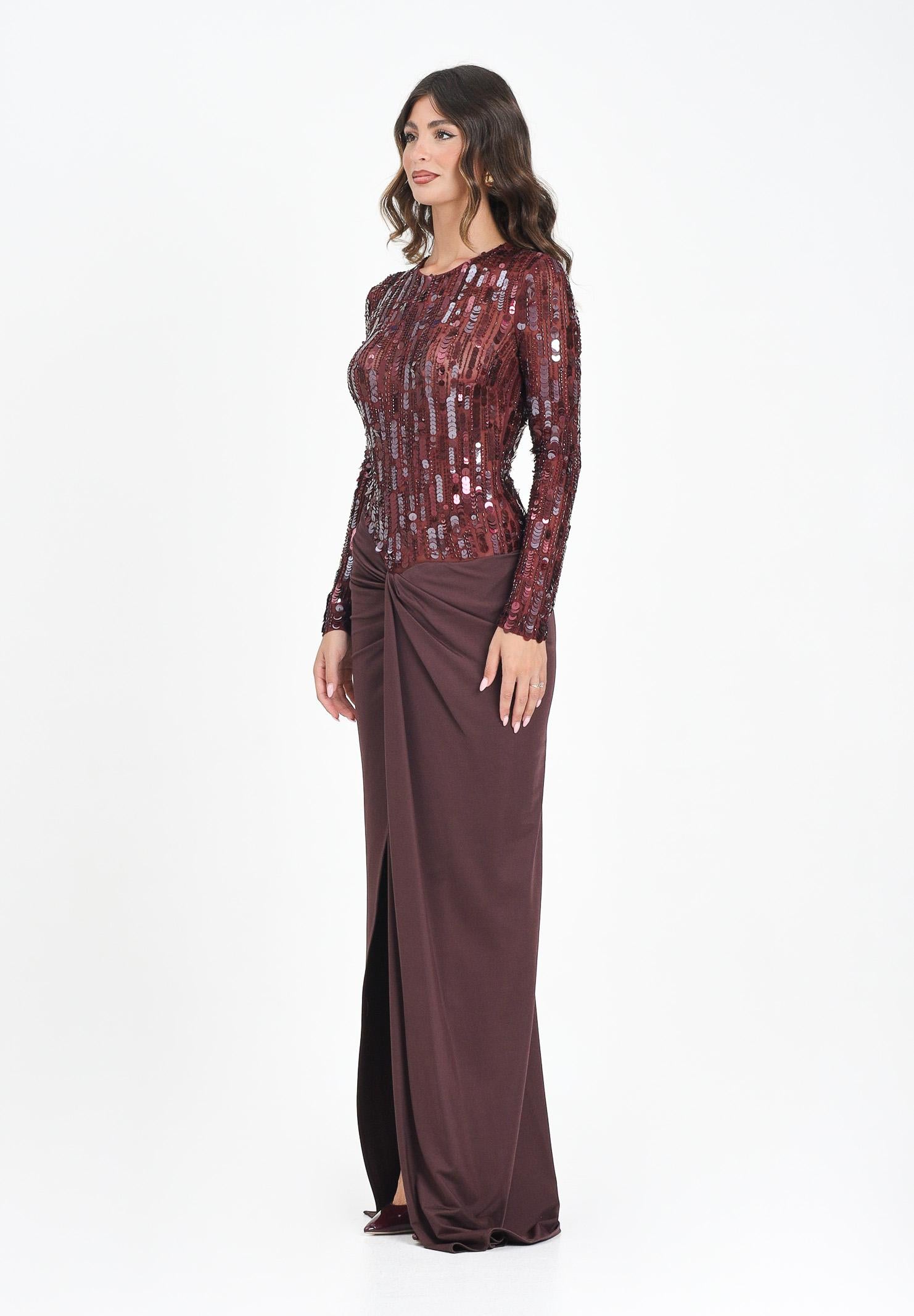 ELISABETTA FRANCHI Abito lungo bordeaux da donna in tulle e jersey con paillettes ABR2057E2 CG3 ELISABETTA FRANCHI 