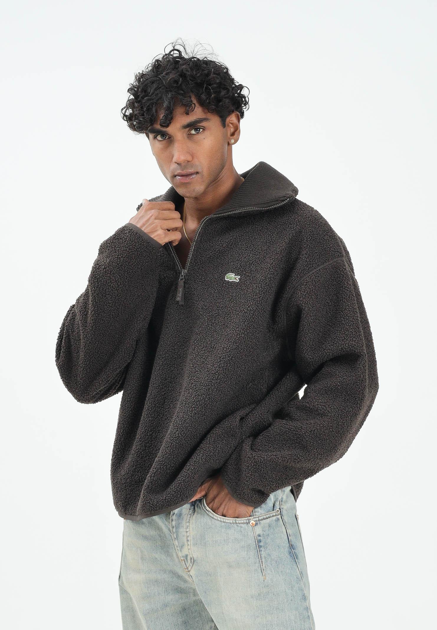 LACOSTE Felpa con mezza zip marrone da uomo in pile polare SH5500 SKB LACOSTE 