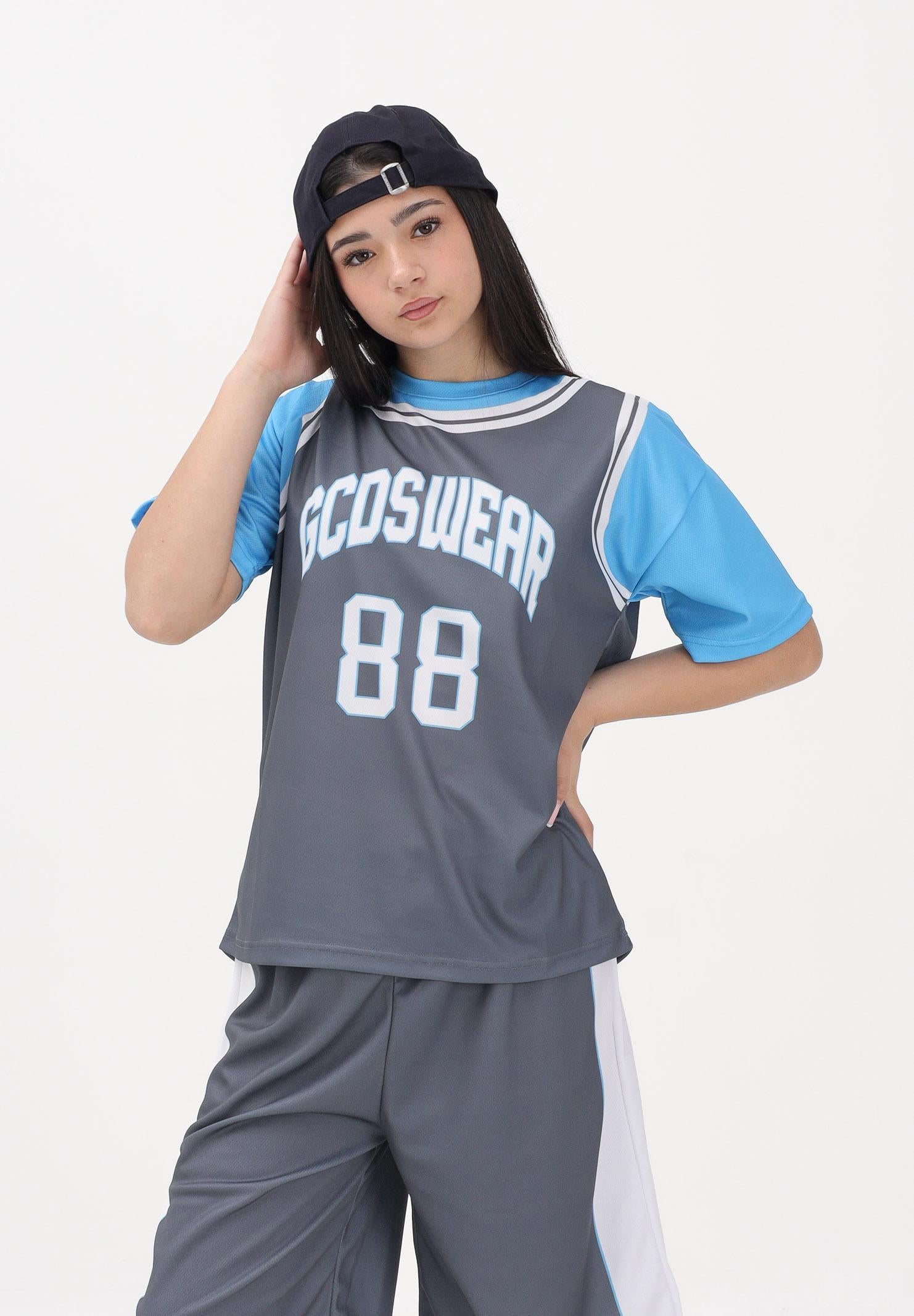 GCDS T-shirt a manica corta grigia e azzurra per donna, ragazzi e bambini con stampa C1BJQC706J338 955E GCDS 
