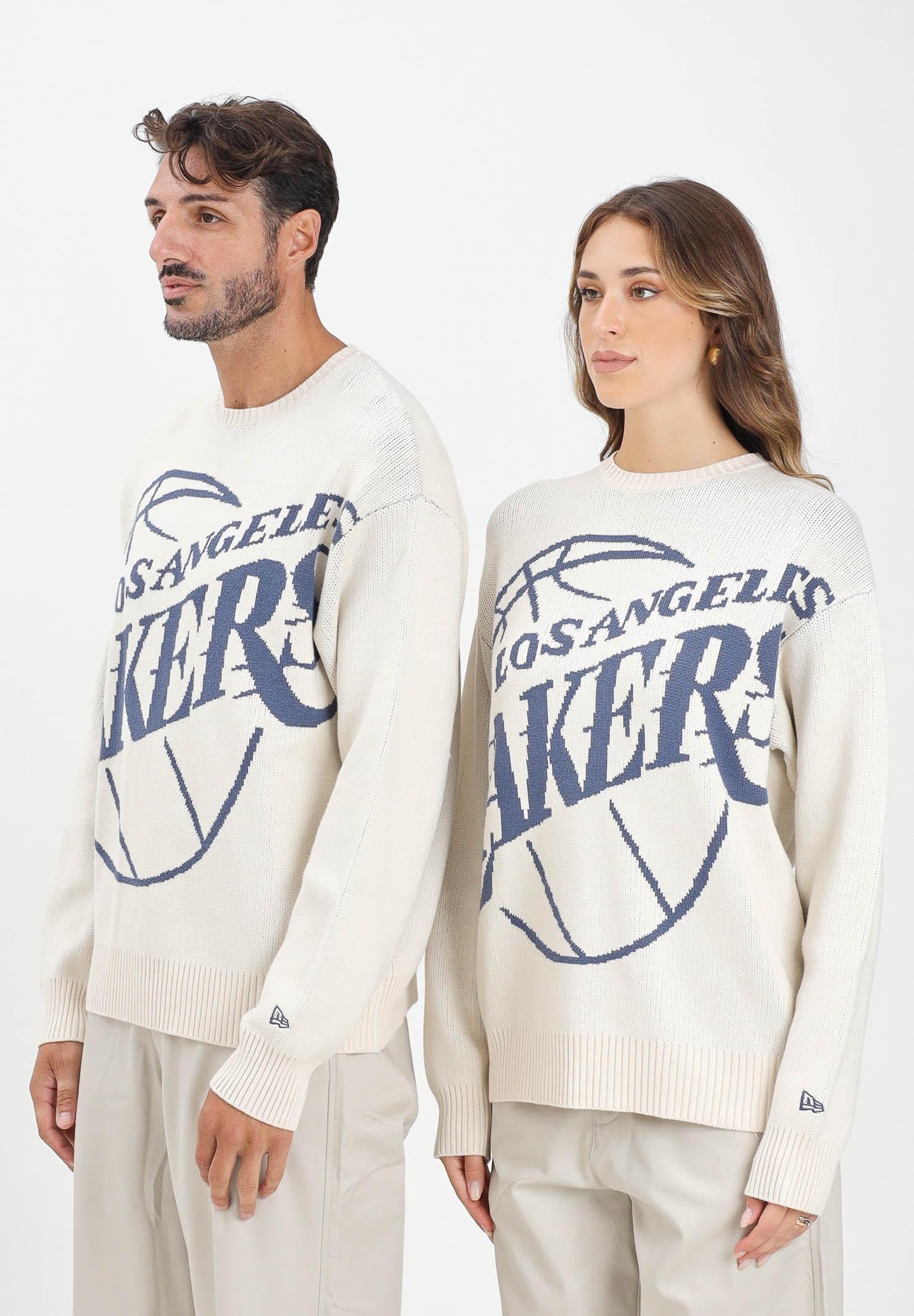 NEW ERA Maglione girocollo Oversized LA Lakers NBA Knit panna per uomo e donna 60684350  NEW ERA 