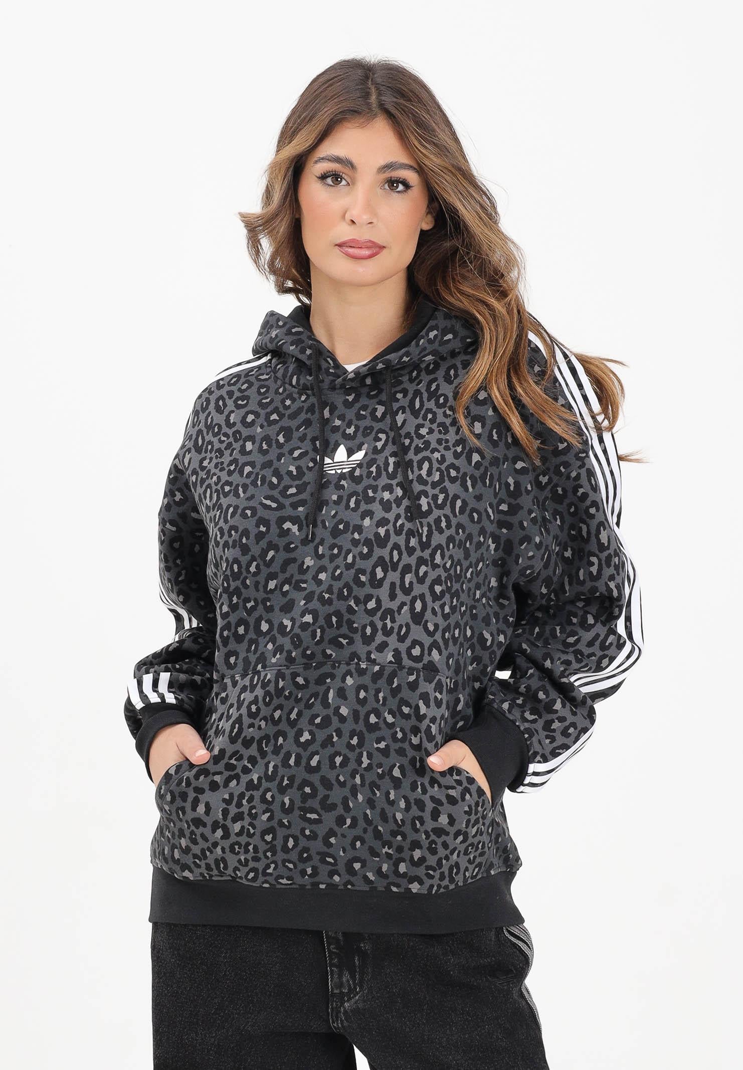 ADIDAS ORIGINALS Felpa con cappuccio Leo All Over Print Loose nera da donna JV7561  ADIDAS ORIGINALS 