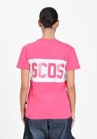 GCDS T-shirt a manica corta fucsia per donna, ragazze e bambine con fascia bianca logata B2JU2329JF1 59 GCDS 
