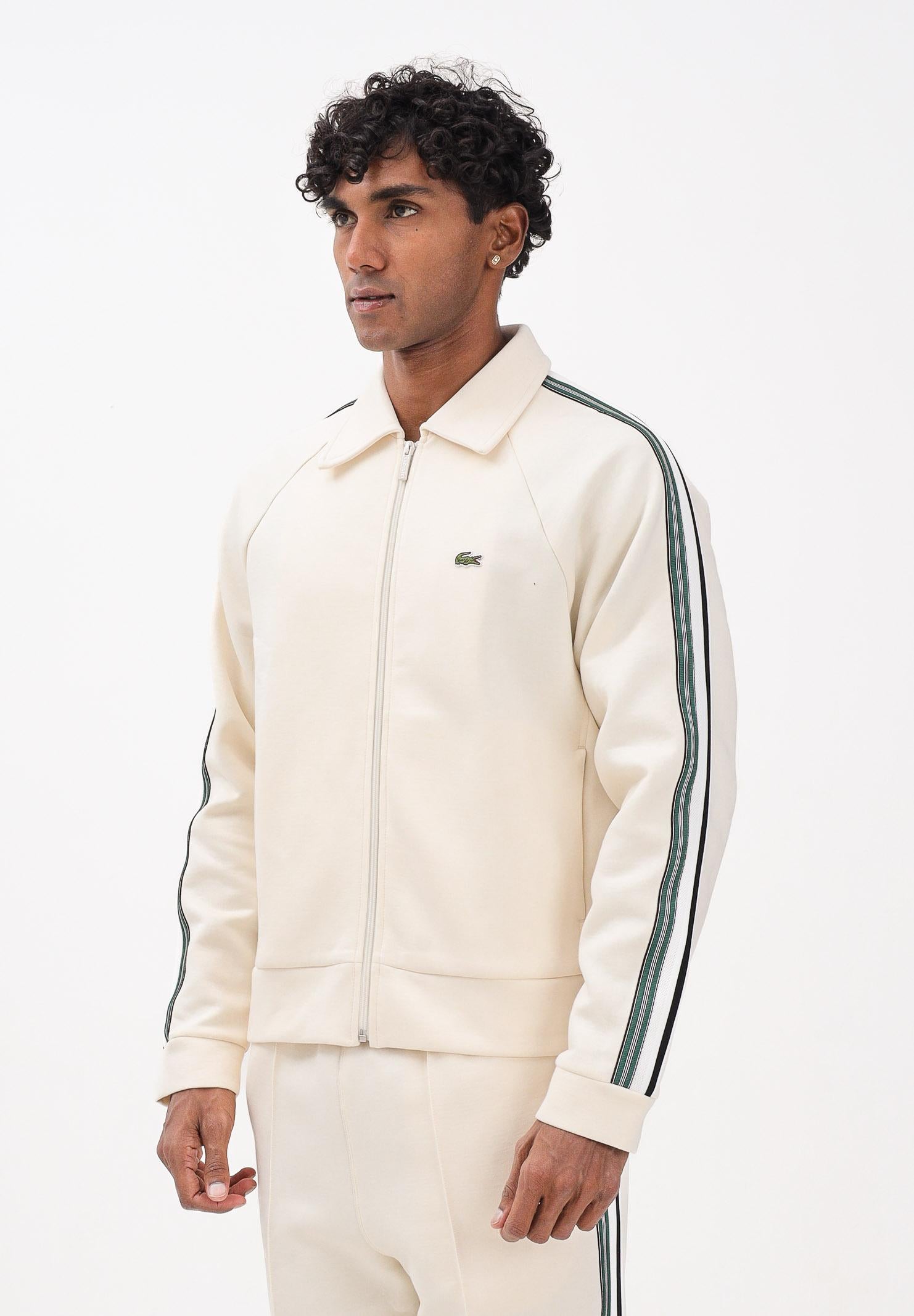 LACOSTE Felpa con zip panna da uomo caratterizzato da bande a contrasto e logo SH5927 XFJ LACOSTE 