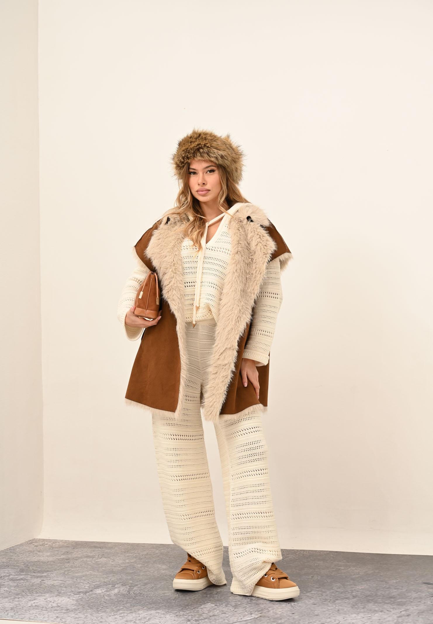 AKEP Pantalone panna da donna in maglia traforata PTKD11005 V2 AKEP 