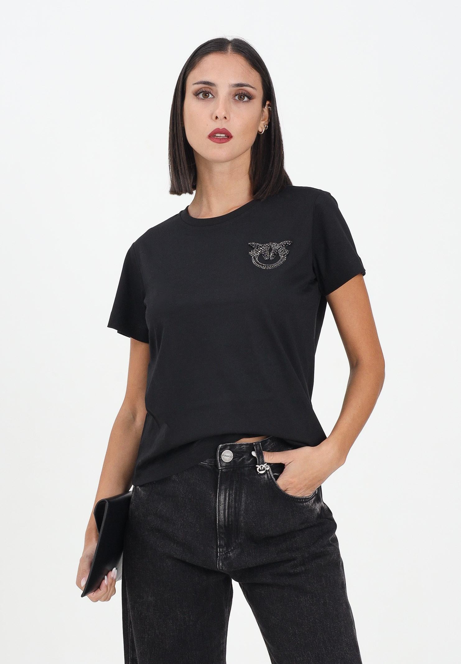 PINKO T-shirt a manica corta nera da donna con ricamo logo Love Birds in cristalli 103320A2RN Z99 PINKO 