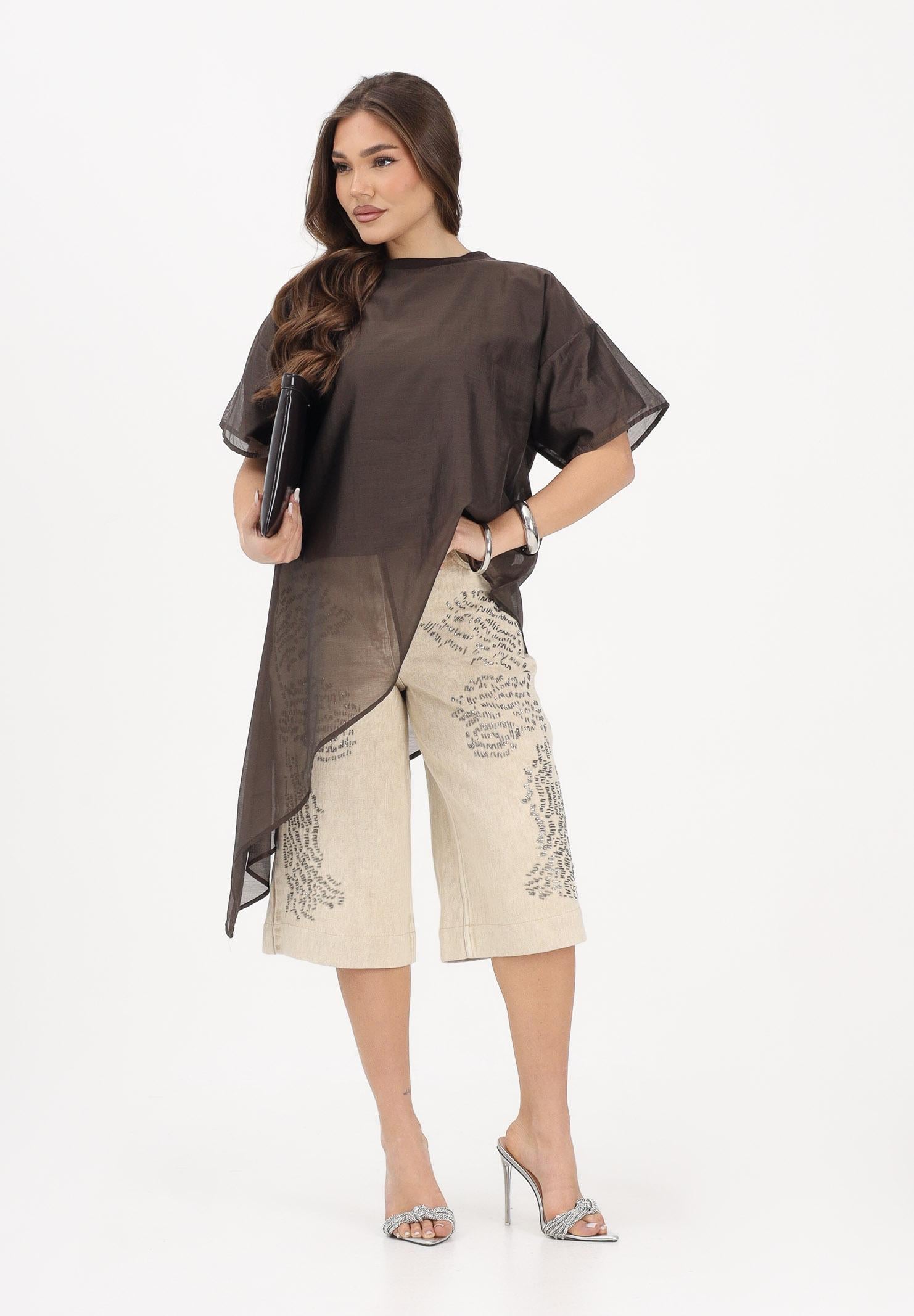 VICOLO T-shirt a manica corta marrone da donna in tessuto velato UAB018 MO VICOLO 