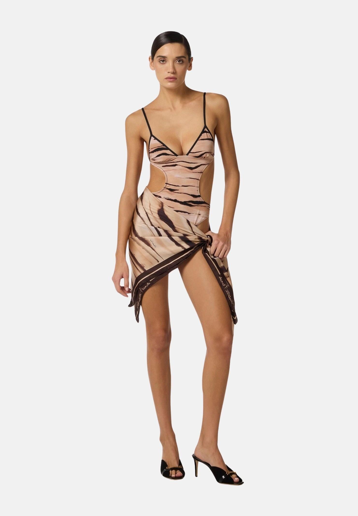 ELISABETTA FRANCHI Foulard beige e marrone da donna con stampa tigre FO26L62E2 470 ELISABETTA FRANCHI 