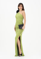 SHIT Abito lungo verde da donna con scollo asimmetrico impreziosito da spilla SH26012 AV SHIT 
