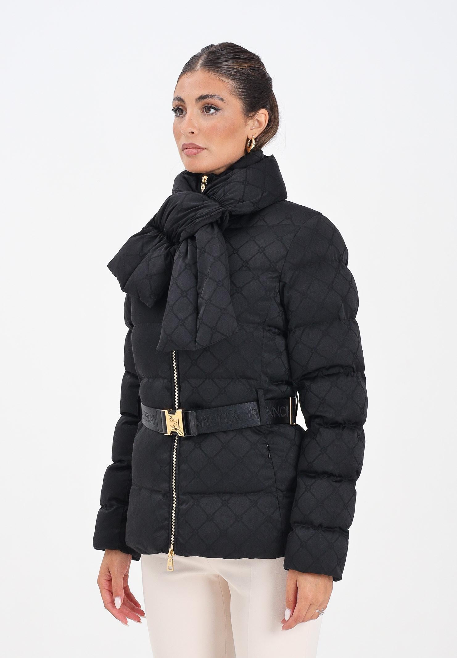 ELISABETTA FRANCHI Piumino nero da donna in tessuto vela jacquard con cintura PI83D56E2 110 ELISABETTA FRANCHI 