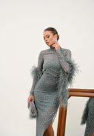 ALMA SANCHEZ Abito midi Acerno carta da zucchero da donna con piume e strass AS2526008RT 814 ALMA SANCHEZ 