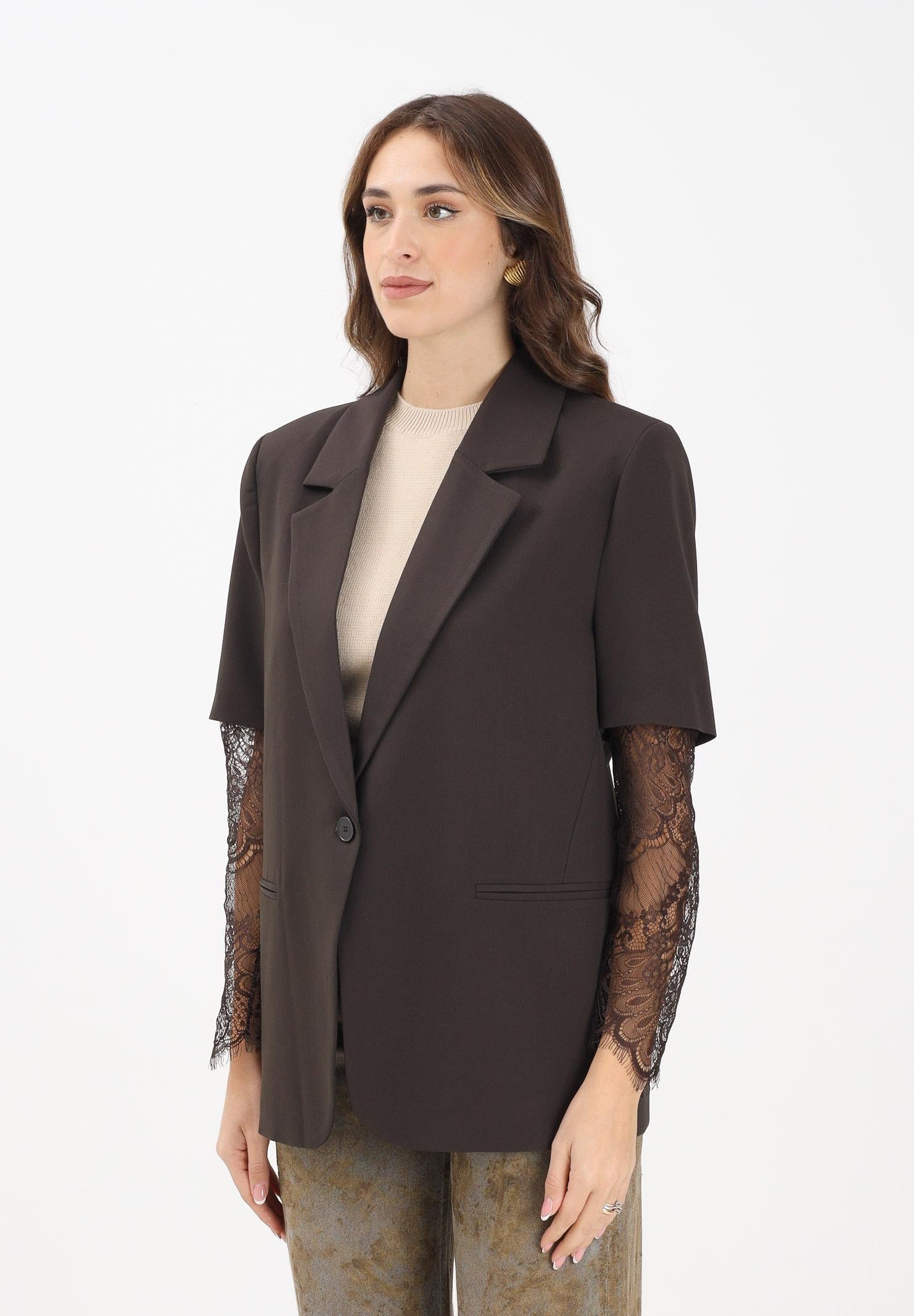 VICOLO Giacca monopetto marrone da donna con maniche corte e dettagli in pizzo TF0617 FA VICOLO 
